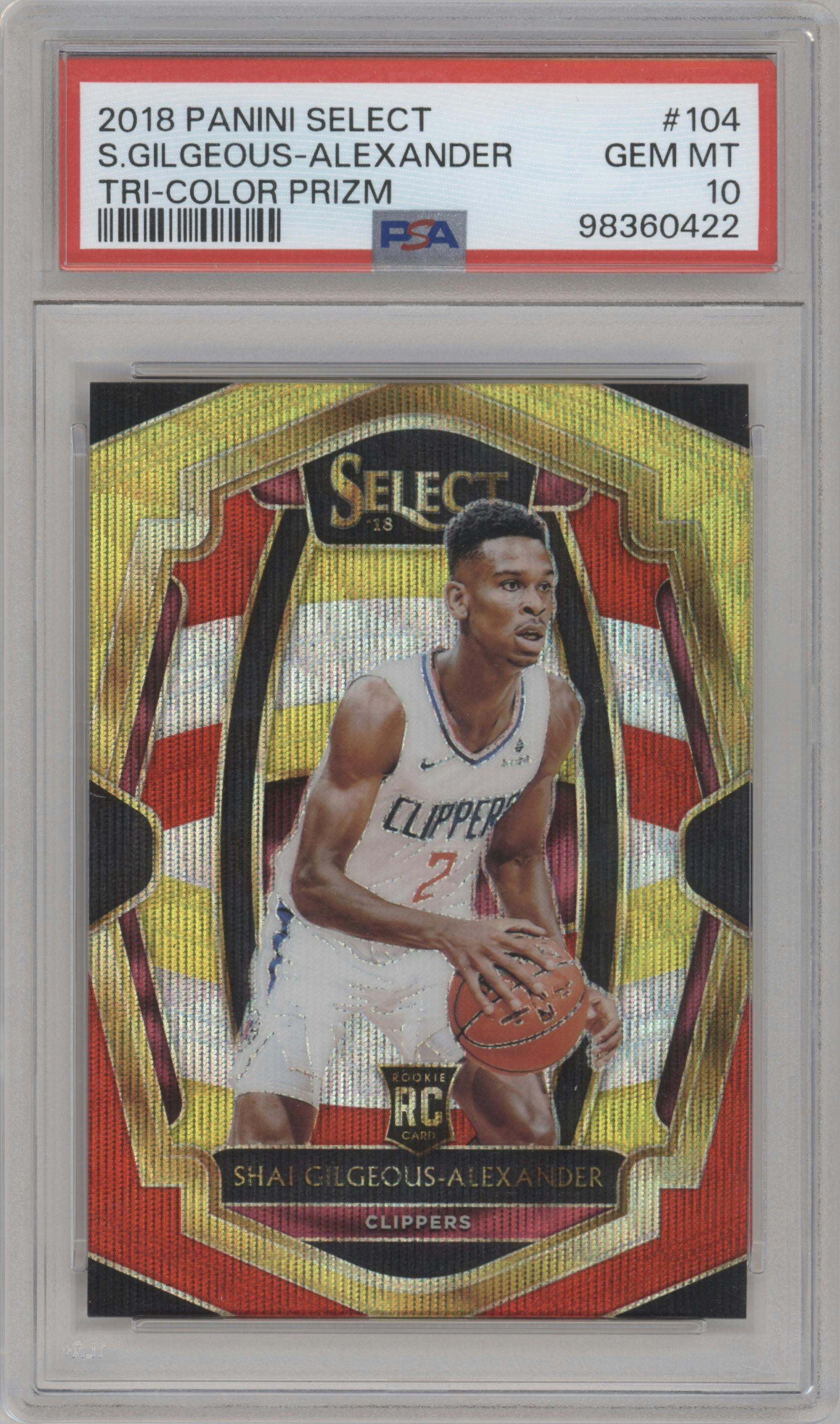 Shai Gilgeous-Alexander from the 2018-19 Panini Select  set featuring a Tri-Color parallel graded by PSA and given an overall grade of 10.