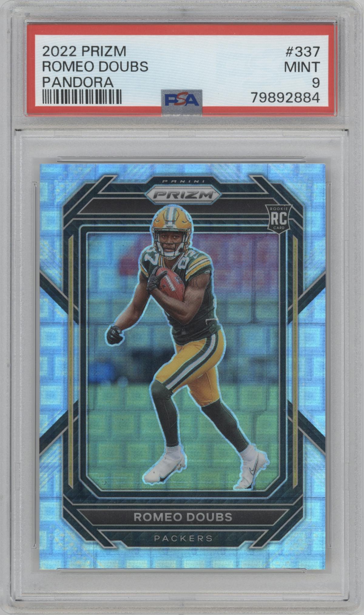 Romeo Doubs from the 2022 Panini Prizm set featuring a Pandora parallel graded by PSA and given an overall grade of 9.
