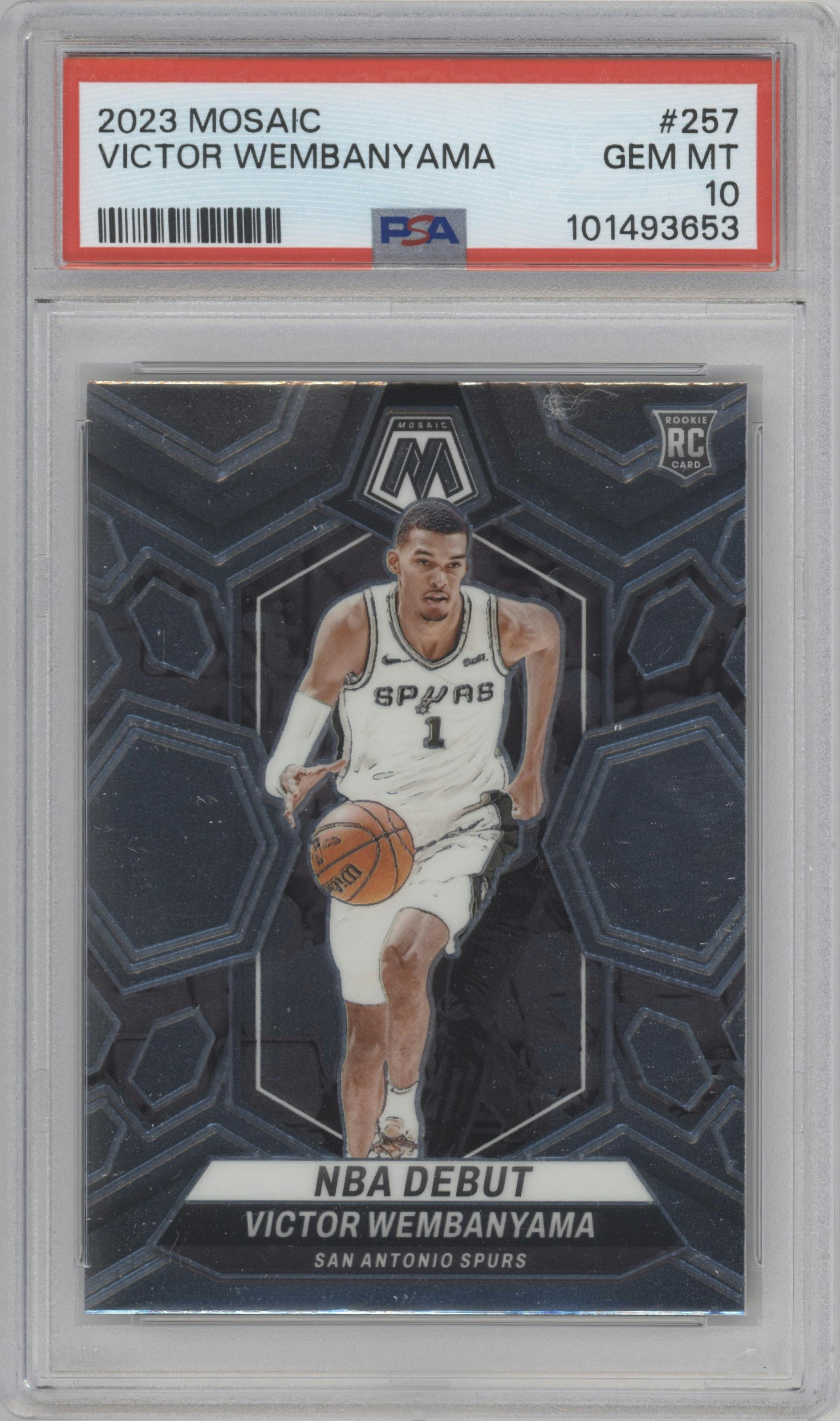 Victor Wembanyama from the 2023-24 Panini Mosaic set graded by PSA and given an overall grade of 10.