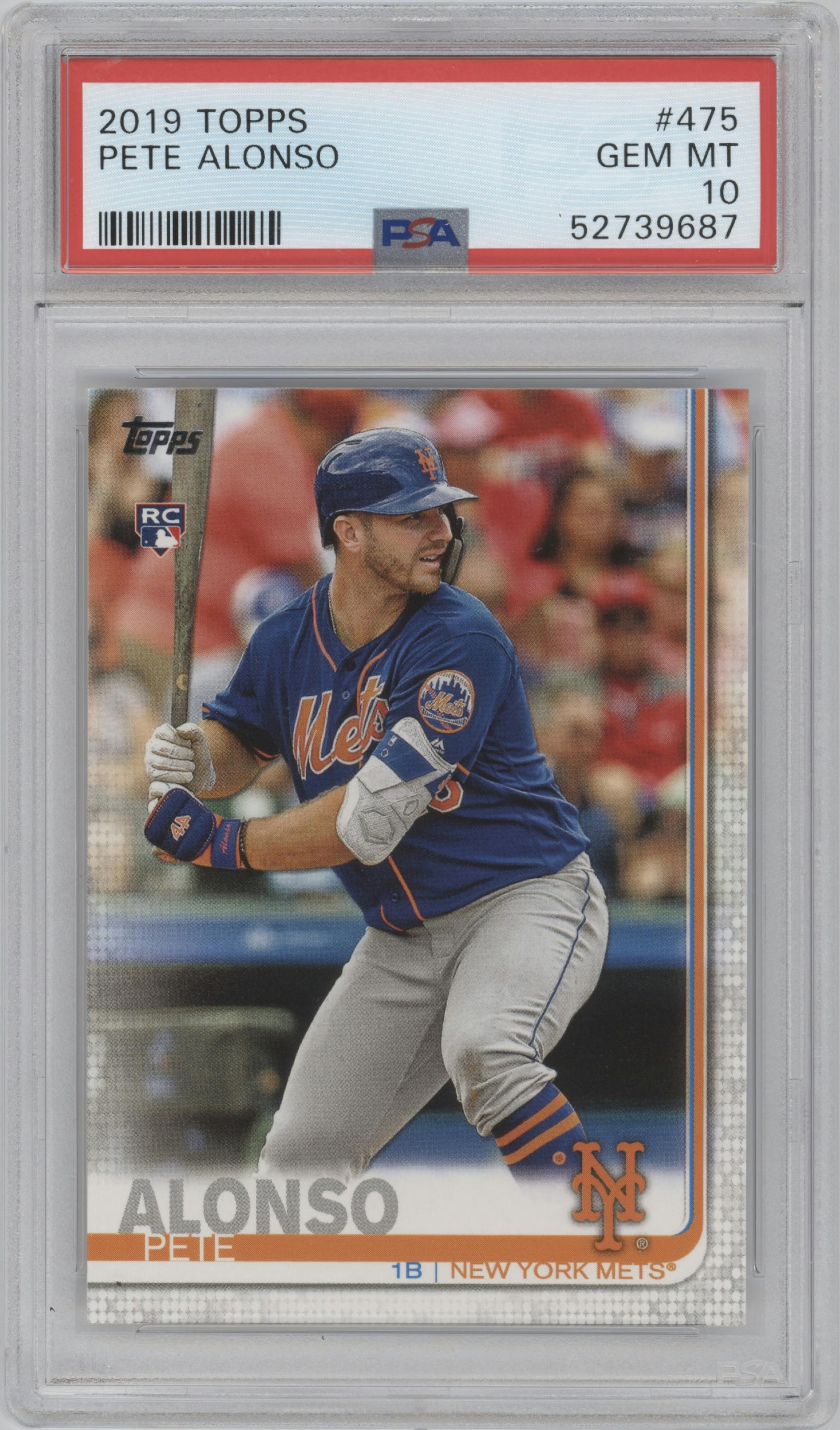 Pete Alonso from the 2019 Topps Series 2 set graded by PSA and given an overall grade of 10.