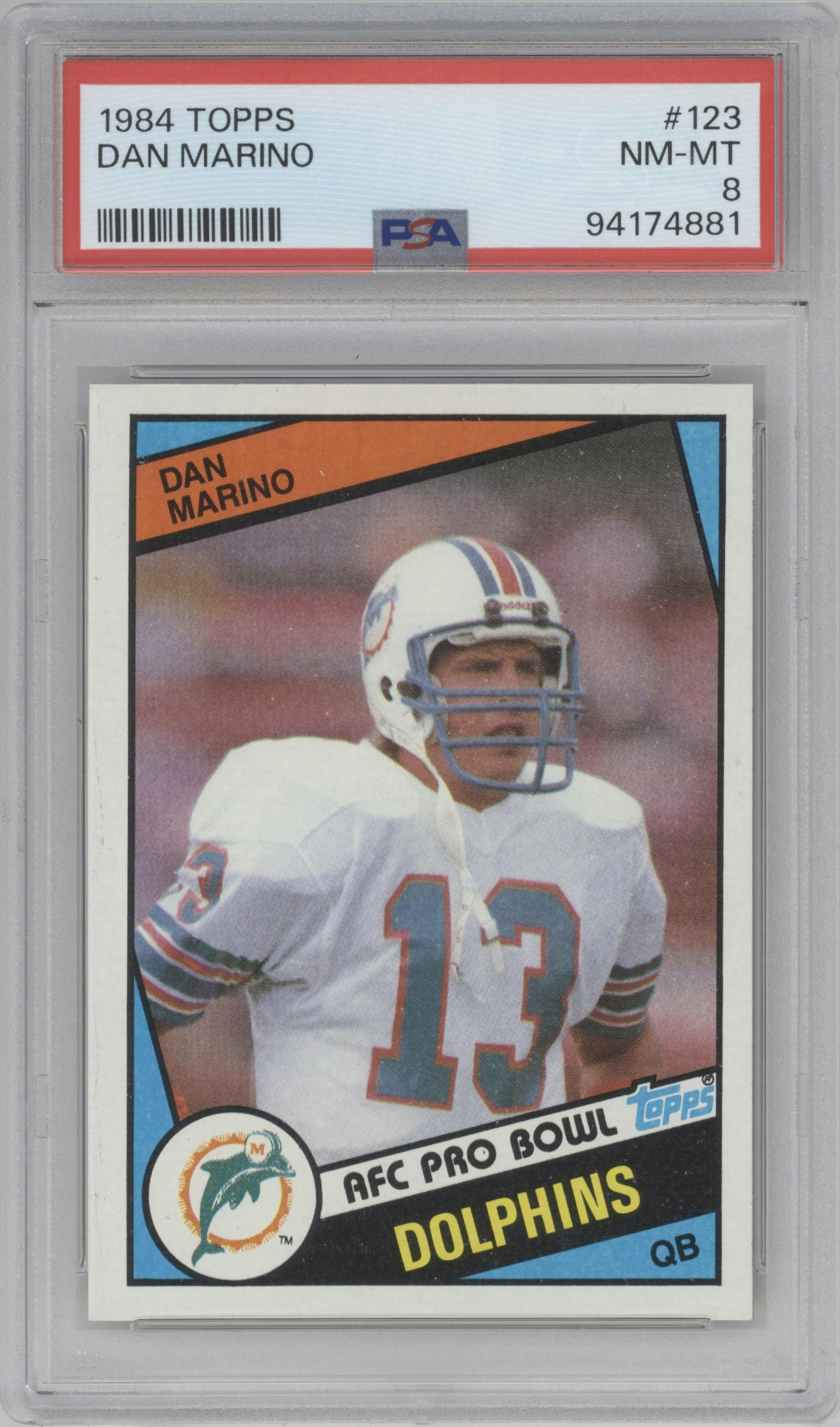 Dan Marino from the 1984 Topps set graded by PSA and given an overall grade of 8.