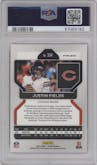 Justin Fields from the 2021 Panini Prizm set featuring a Pink Prizm parallel graded by PSA and given an overall grade of 10.