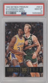Magic Johnson/Larry Bird from the 1993-94 SkyBox Premium set graded by PSA and given an overall grade of 10.