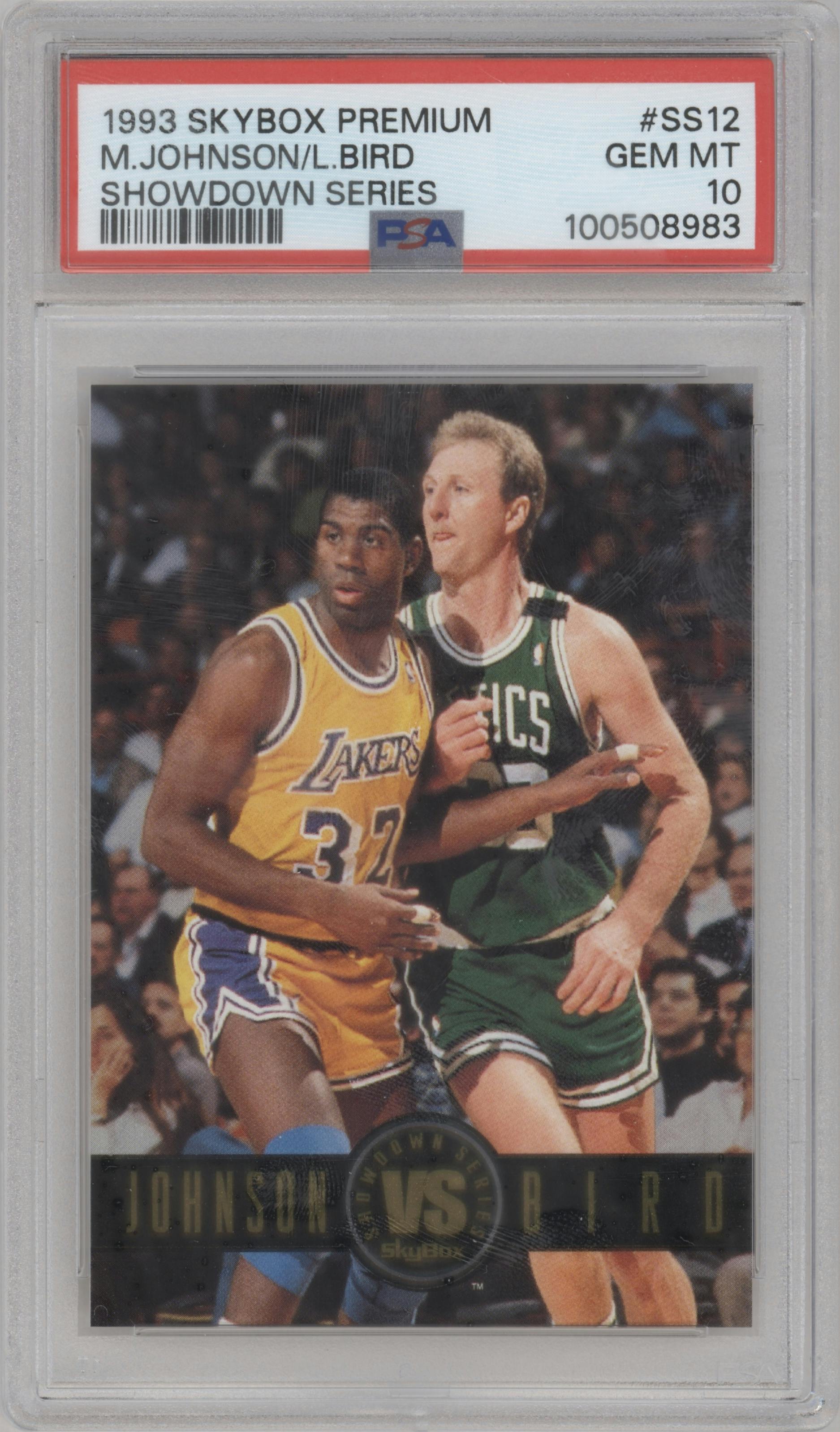 Magic Johnson/Larry Bird from the 1993-94 SkyBox Premium set graded by PSA and given an overall grade of 10.