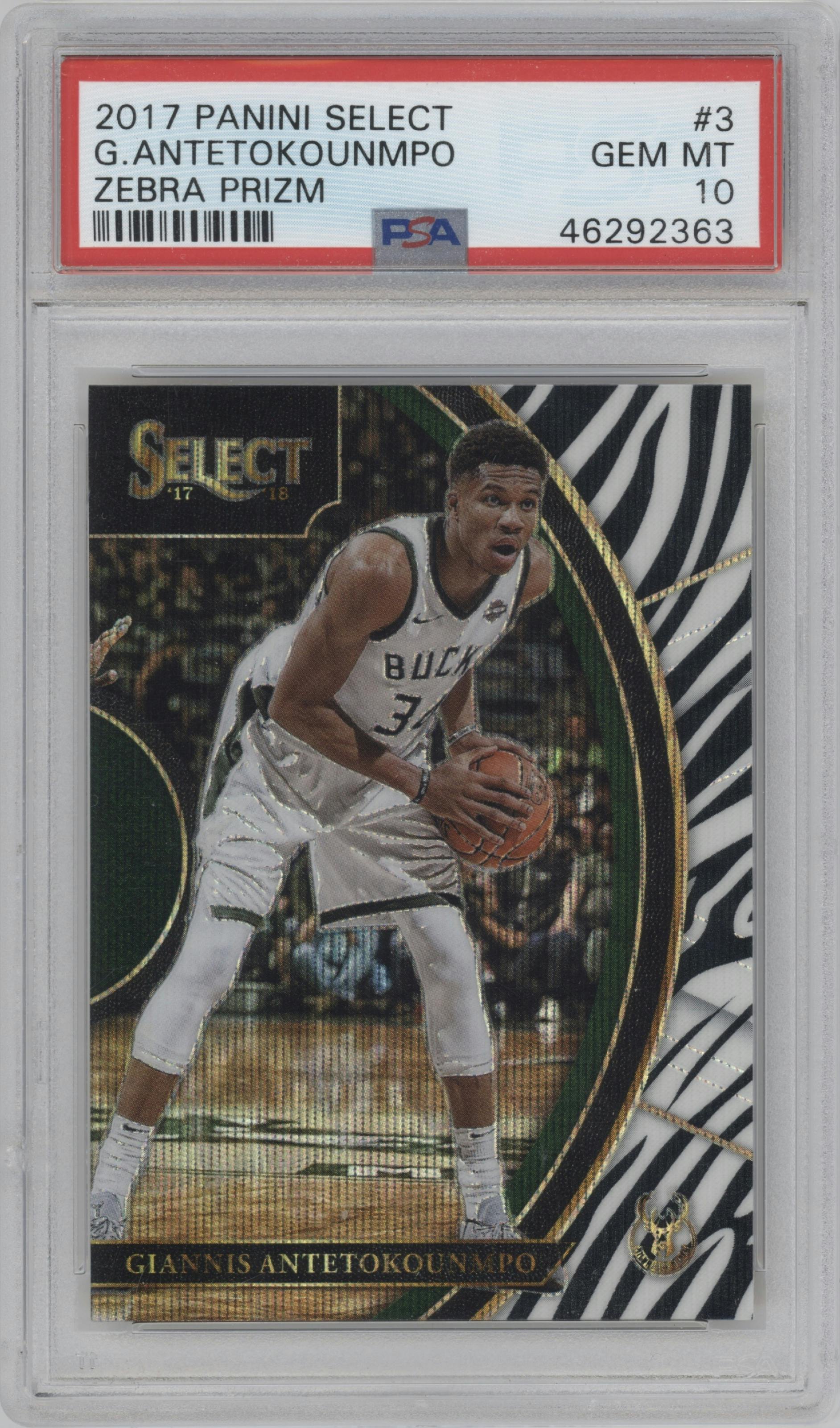 Giannis Antetokounmpo from the 2017-18 Panini Select set featuring a Zebra parallel graded by PSA and given an overall grade of 10.