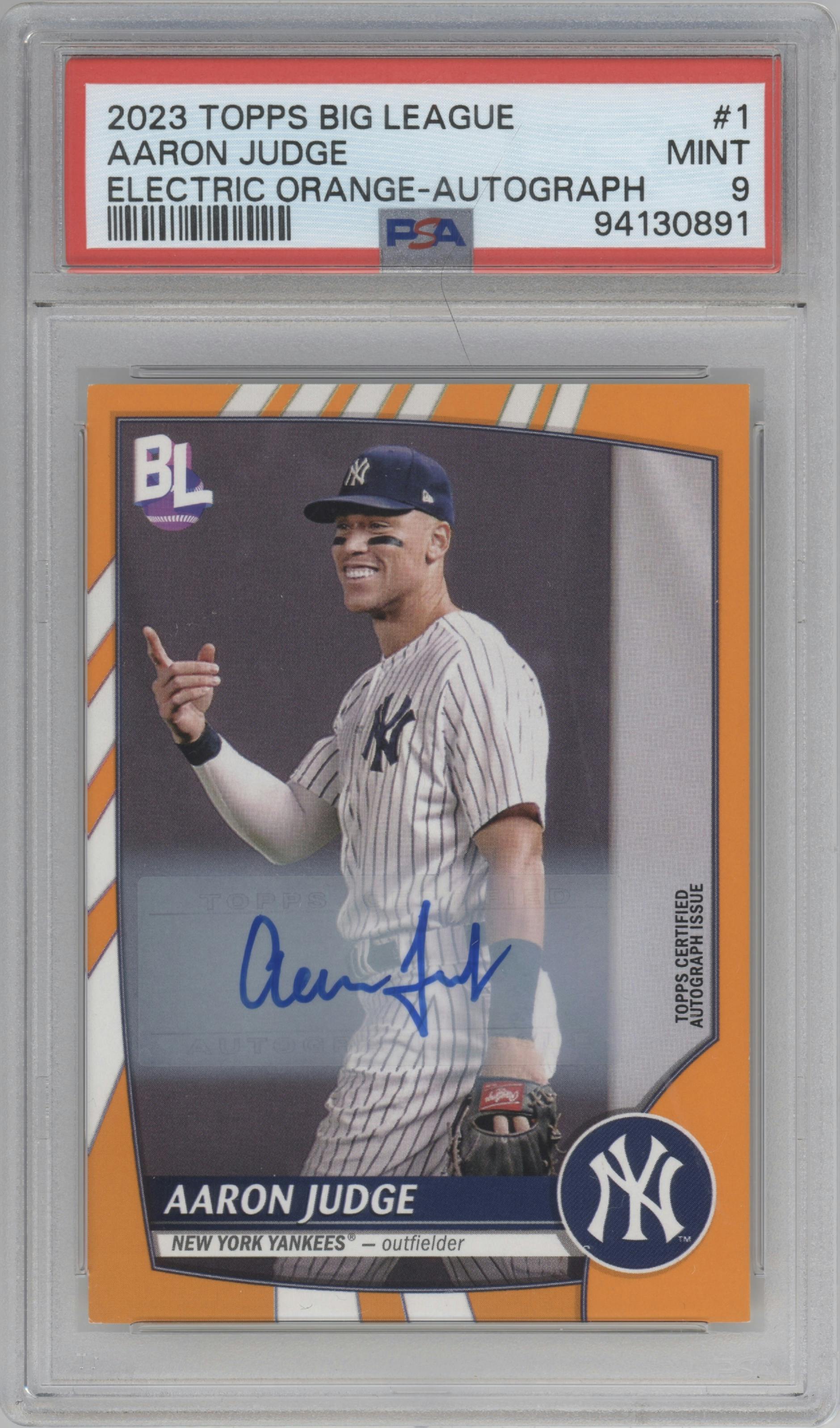 Aaron Judge from the 2023 Topps Big League set graded by PSA and given an overall grade of 9.
