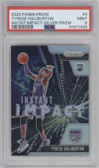Tyrese Haliburton from the 2020-21 Panini Prizm set featuring a Silver Prizm parallel graded by PSA and given an overall grade of 9.