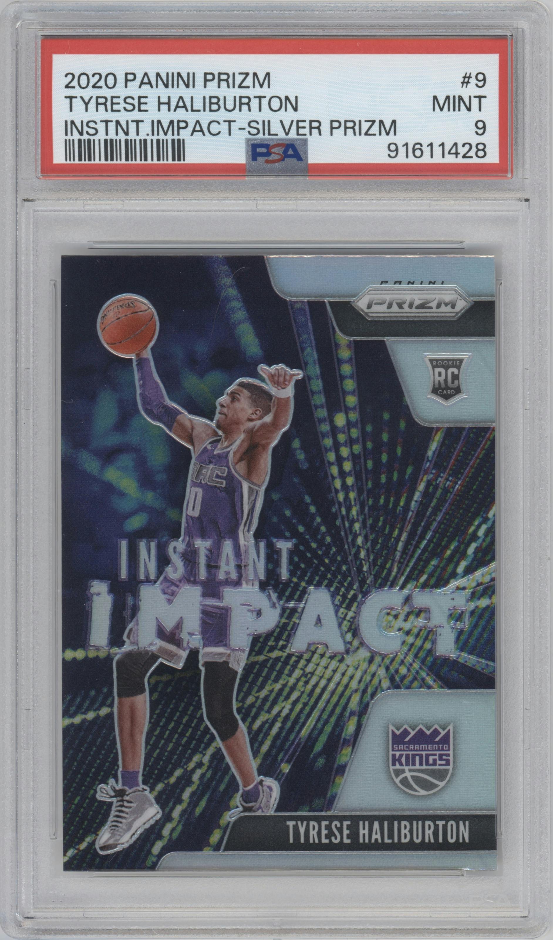 Tyrese Haliburton from the 2020-21 Panini Prizm set featuring a Silver Prizm parallel graded by PSA and given an overall grade of 9.