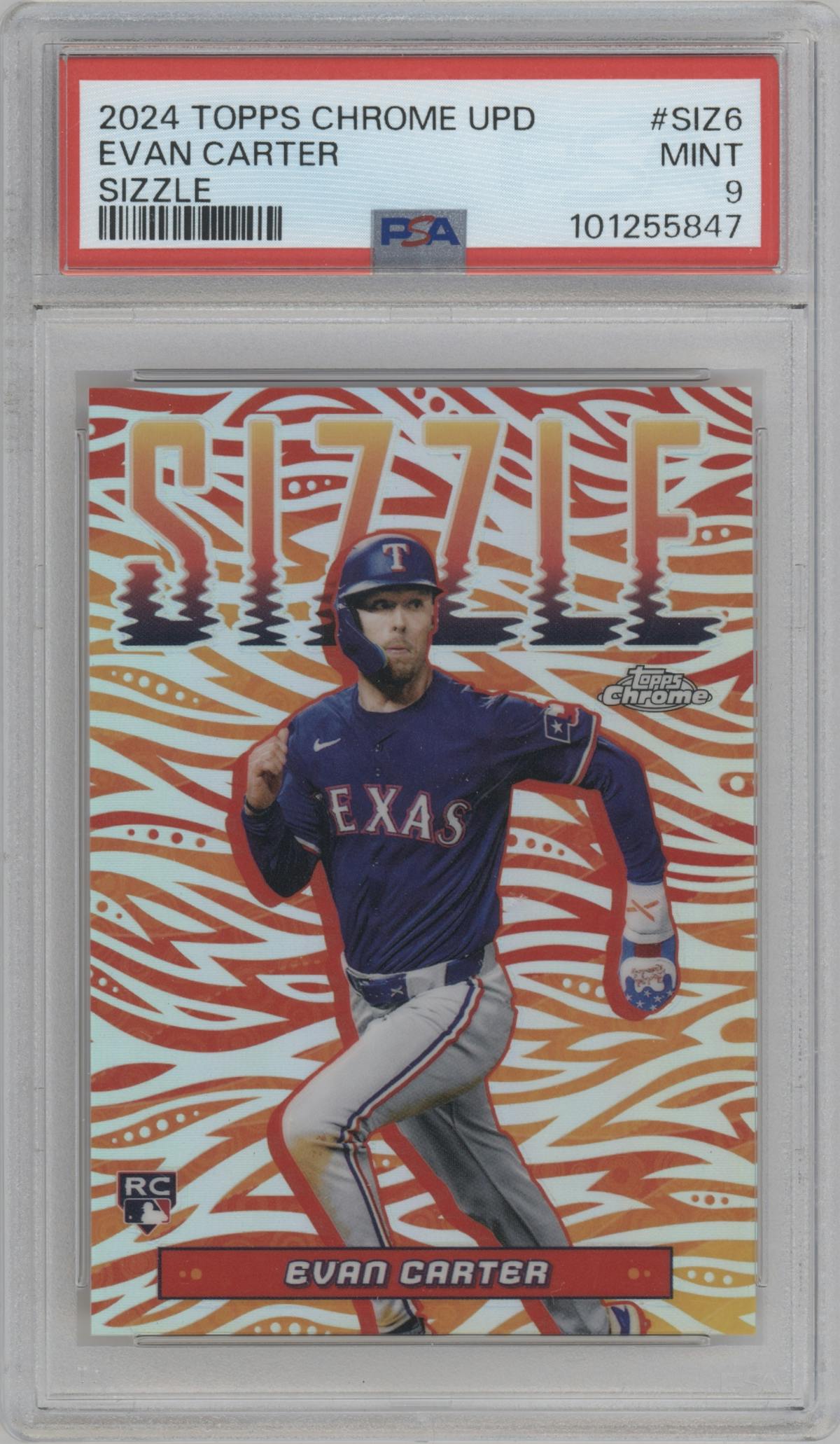 Evan Carter from the 2024 Topps Chrome Update set graded by PSA and given an overall grade of 9.