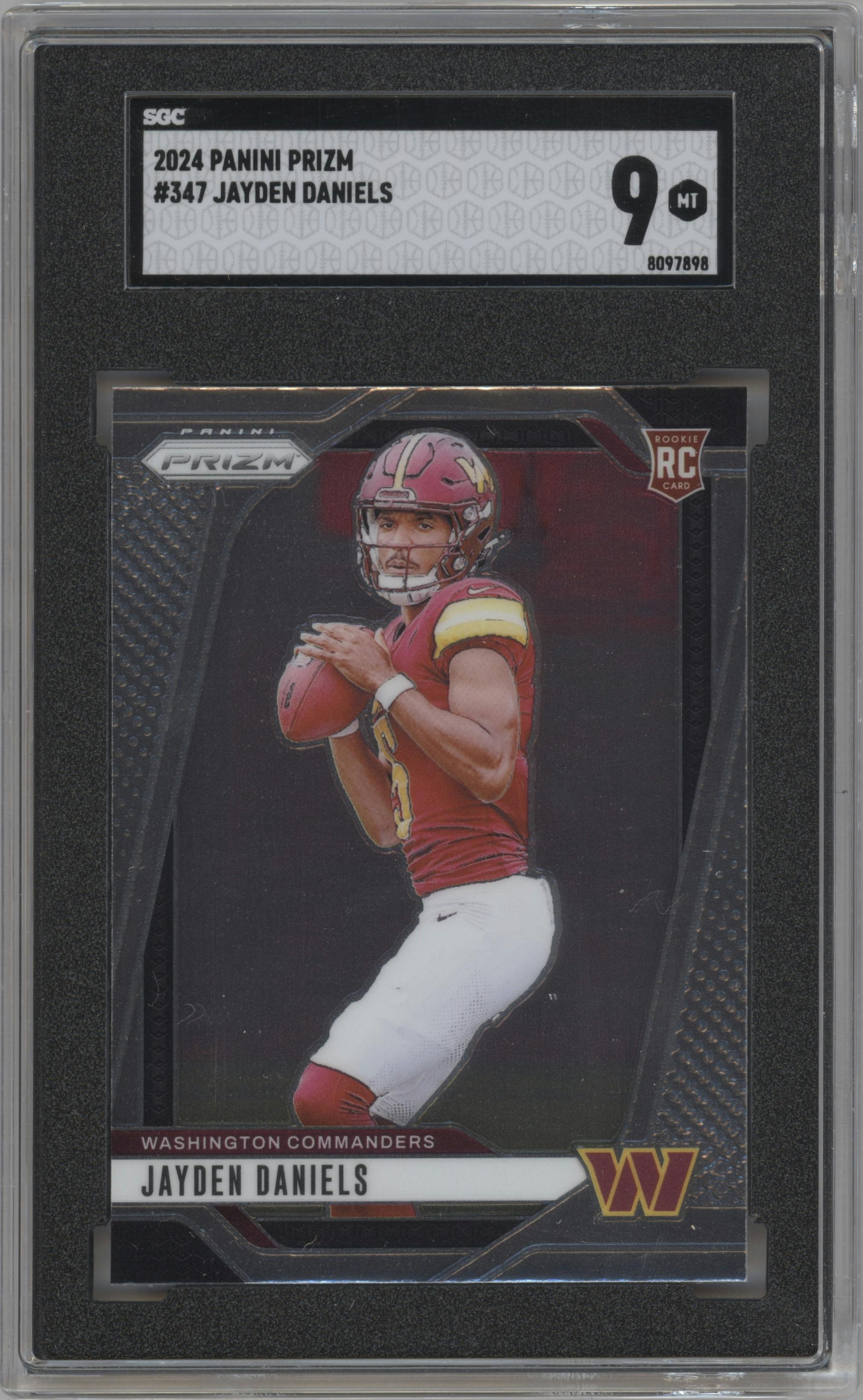 Jayden Daniels from the 2024 Panini Prizm set graded by SGC and given an overall grade of 9.
