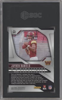 Jayden Daniels from the 2024 Panini Prizm set graded by SGC and given an overall grade of 9.