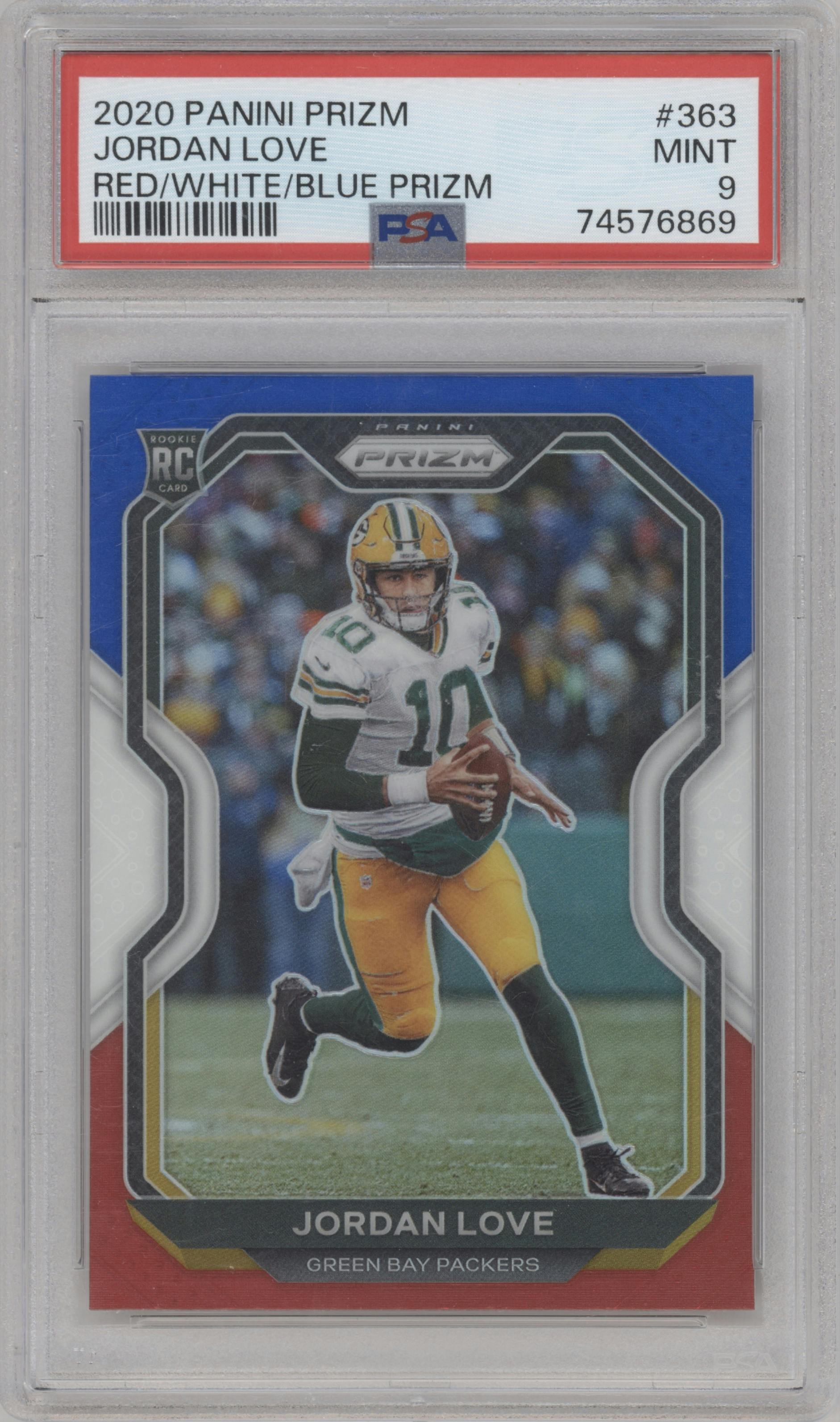 Jordan Love from the 2020 Panini Prizm set featuring a Red/White/Blue Prizm parallel graded by PSA and given an overall grade of 9.