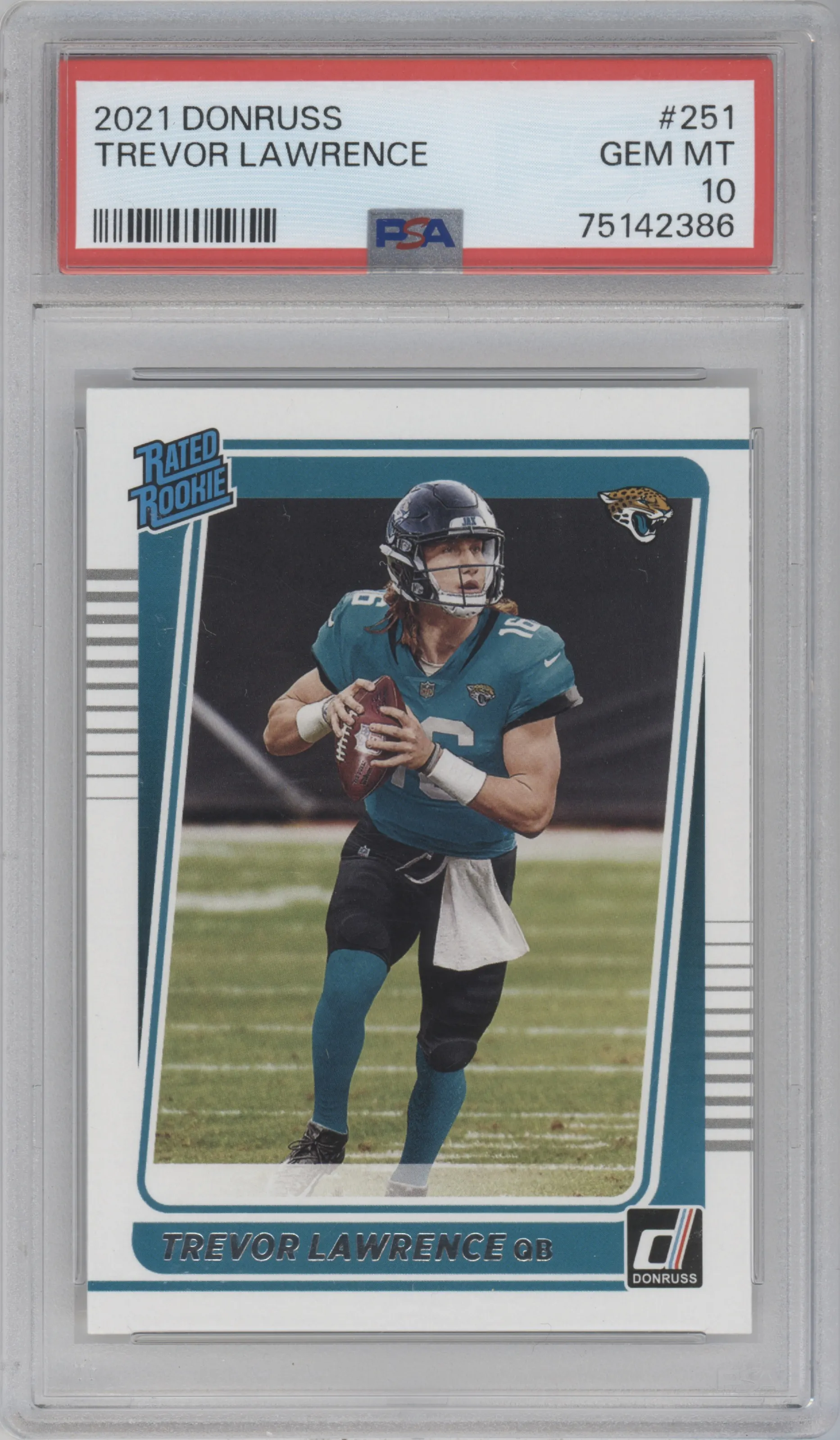 Trevor Lawrence from the 2021 Panini Donruss set graded by PSA and given an overall grade of 10.