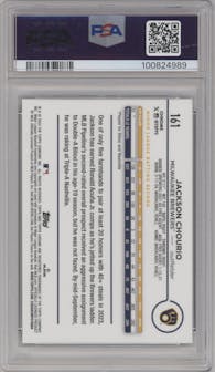 Jackson Chourio from the 2024 Topps Chrome set featuring a Green Refractor parallel graded by PSA and given an overall grade of 9.