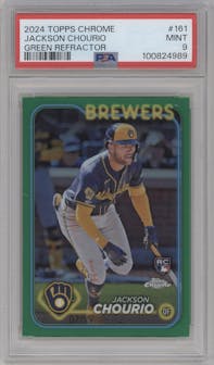 Jackson Chourio from the 2024 Topps Chrome set featuring a Green Refractor parallel graded by PSA and given an overall grade of 9.