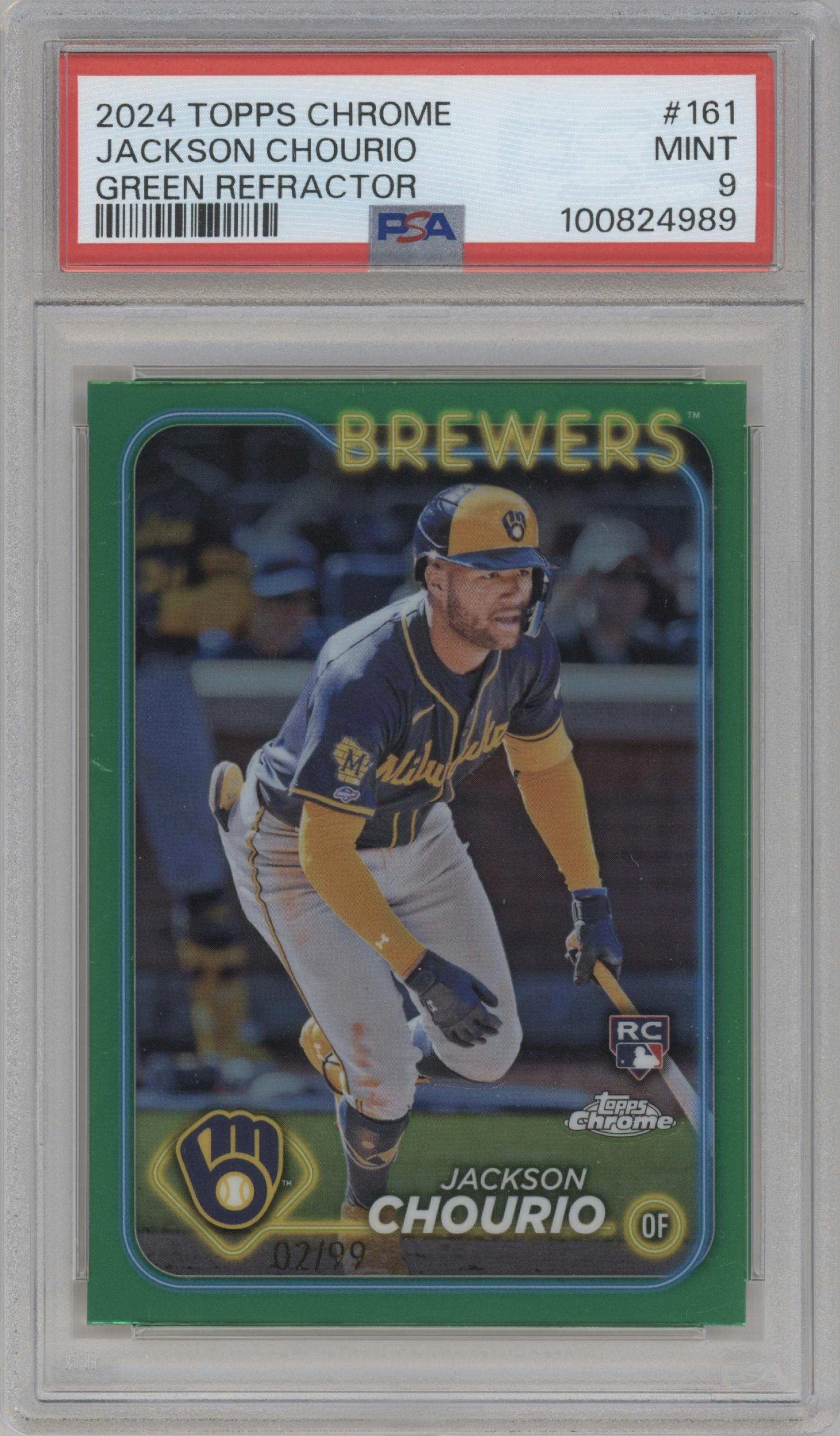 Jackson Chourio from the 2024 Topps Chrome set featuring a Green Refractor parallel graded by PSA and given an overall grade of 9.