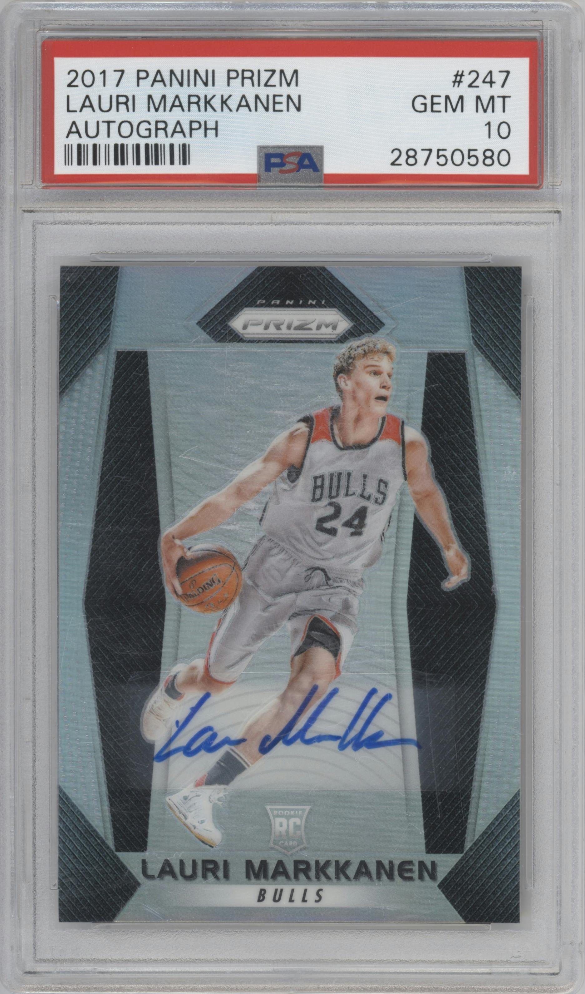 Lauri Markkanen from the 2017-18 Panini Prizm  set graded by PSA and given an overall grade of 10.