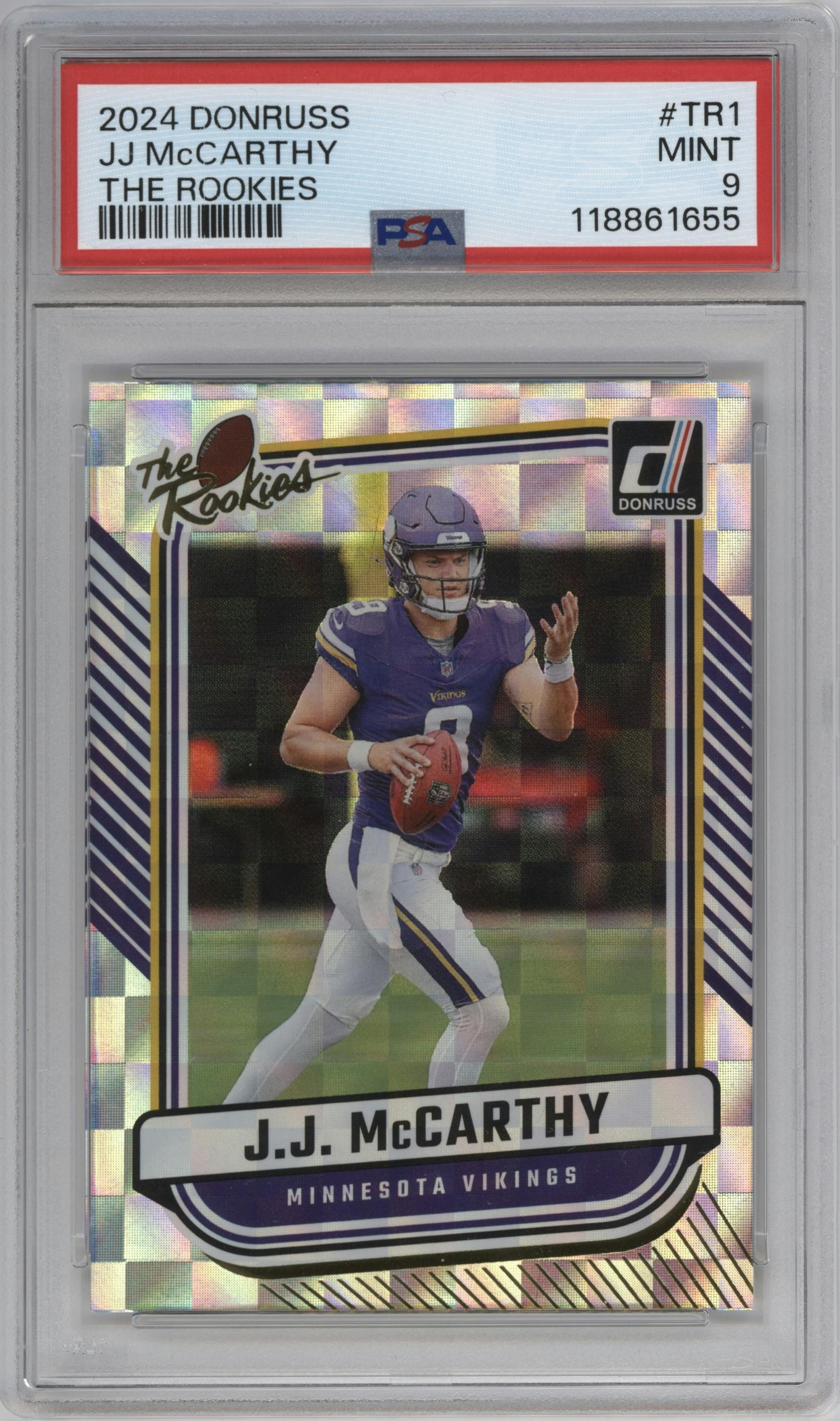 J.J. McCarthy  from the 2024 Donruss set graded by PSA and given an overall grade of 9.
