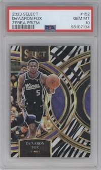 De'Aaron Fox from the 2023-24 Panini Select  set featuring a Zebra Prizm parallel graded by PSA and given an overall grade of 10.