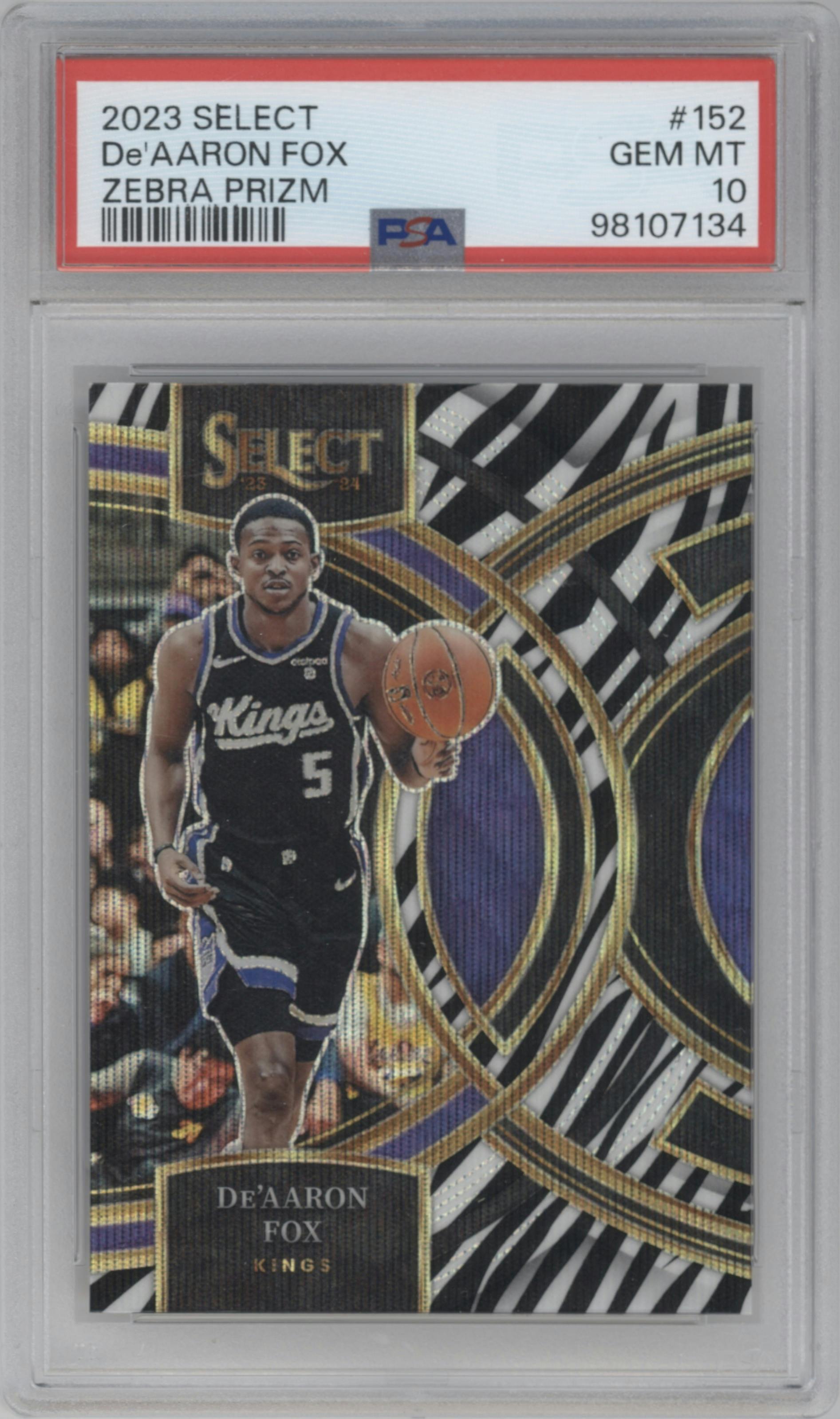 De'Aaron Fox from the 2023-24 Panini Select  set featuring a Zebra Prizm parallel graded by PSA and given an overall grade of 10.