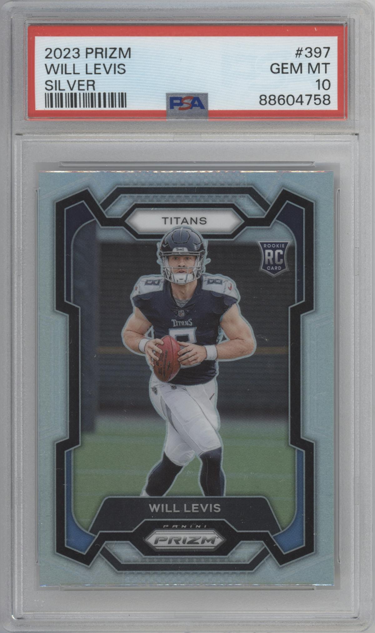 Will Levis from the 2023 Panini Prizm set featuring a Silver Prizm parallel graded by PSA and given an overall grade of 10.