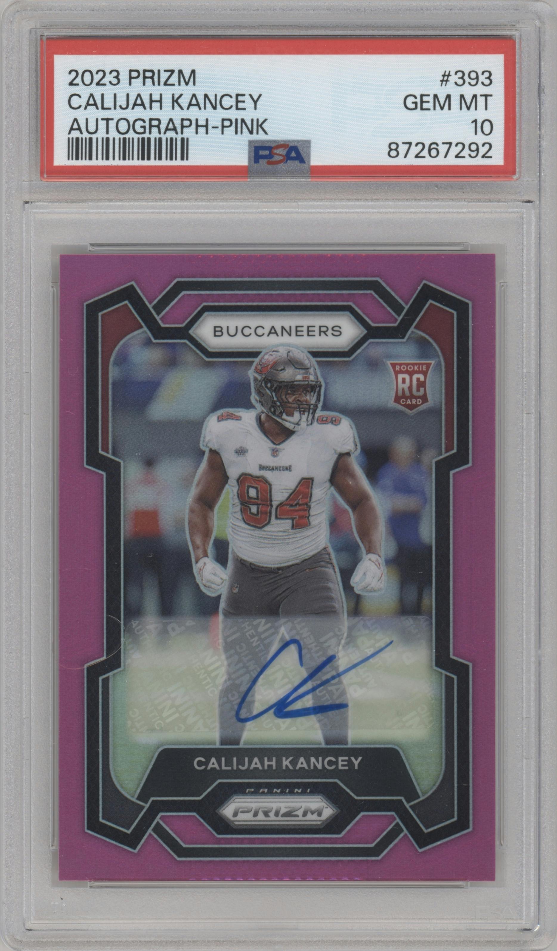 Calijah Kancey from the 2023 Panini Prizm set featuring a Pink Prizm parallel graded by PSA and given an overall grade of 10.