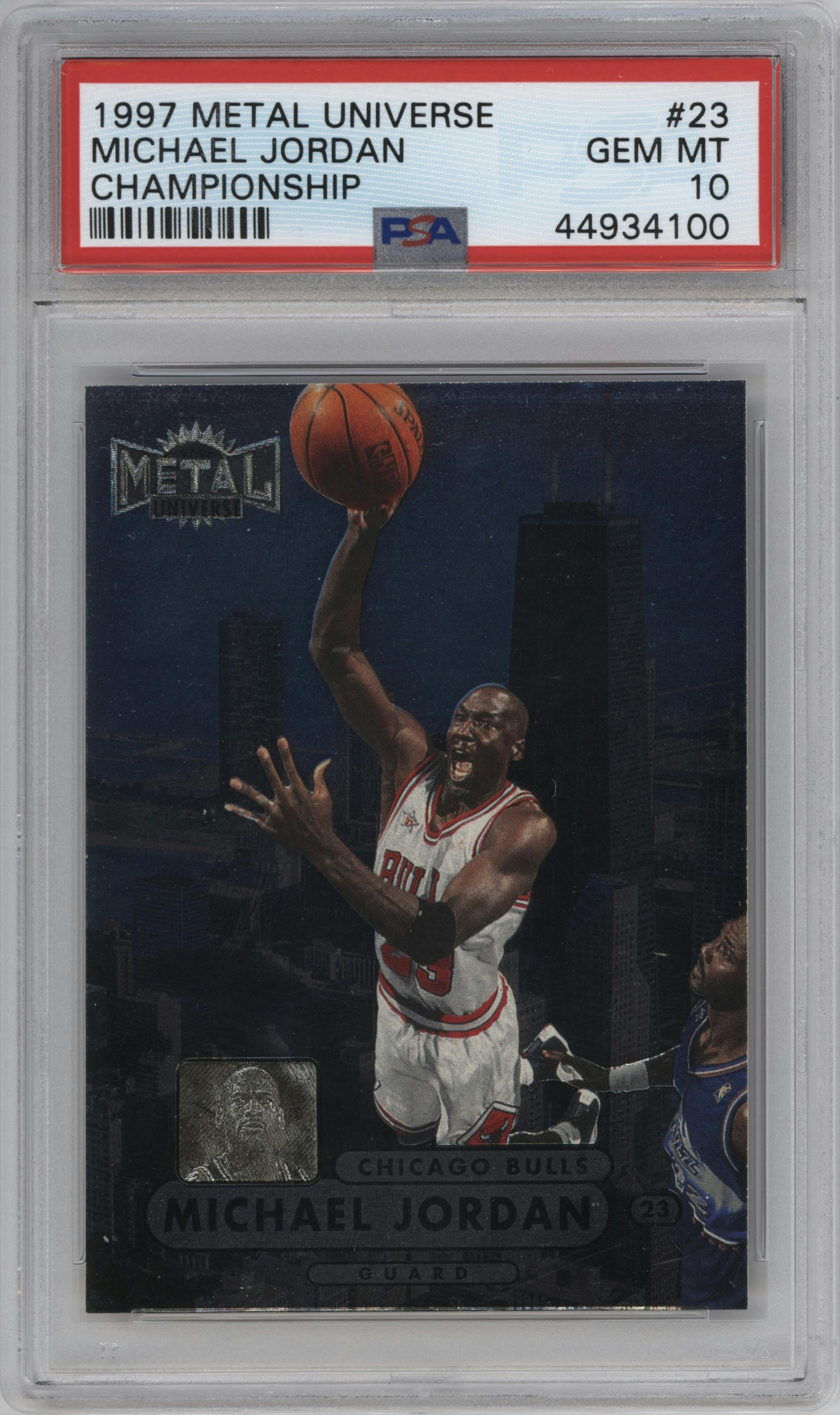Michael Jordan from the 1997-98 Metal Universe Championship set graded by PSA and given an overall grade of 10.