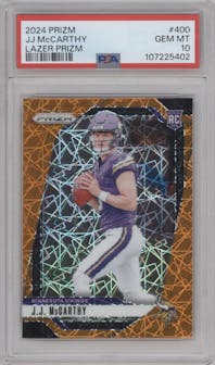 J.J. McCarthy from the 2024 Panini Prizm set featuring a Lazer Prizm parallel graded by PSA and given an overall grade of 10.