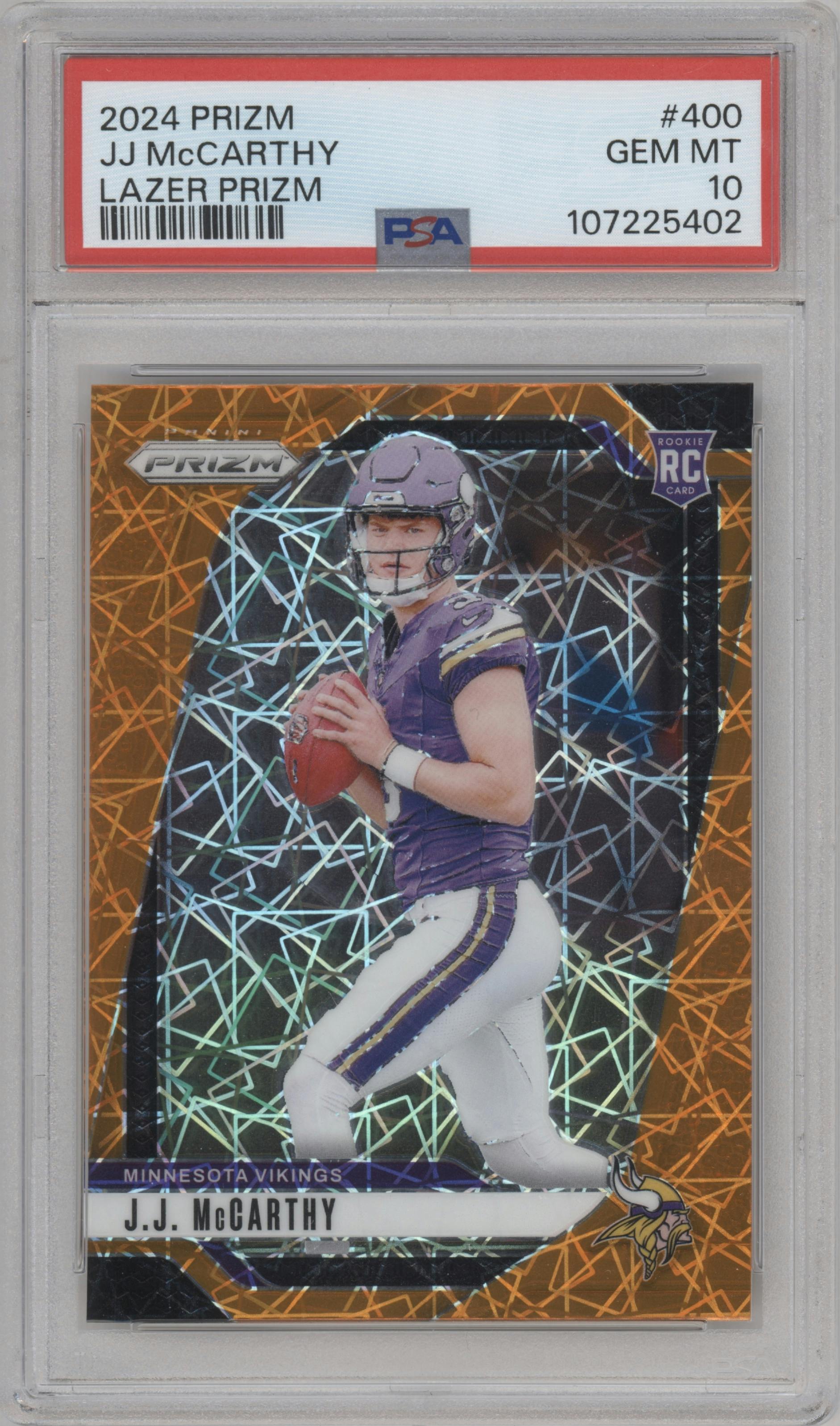 J.J. McCarthy from the 2024 Panini Prizm set featuring a Lazer Prizm parallel graded by PSA and given an overall grade of 10.