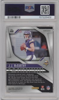 J.J. McCarthy from the 2024 Panini Prizm set featuring a Lazer Prizm parallel graded by PSA and given an overall grade of 10.
