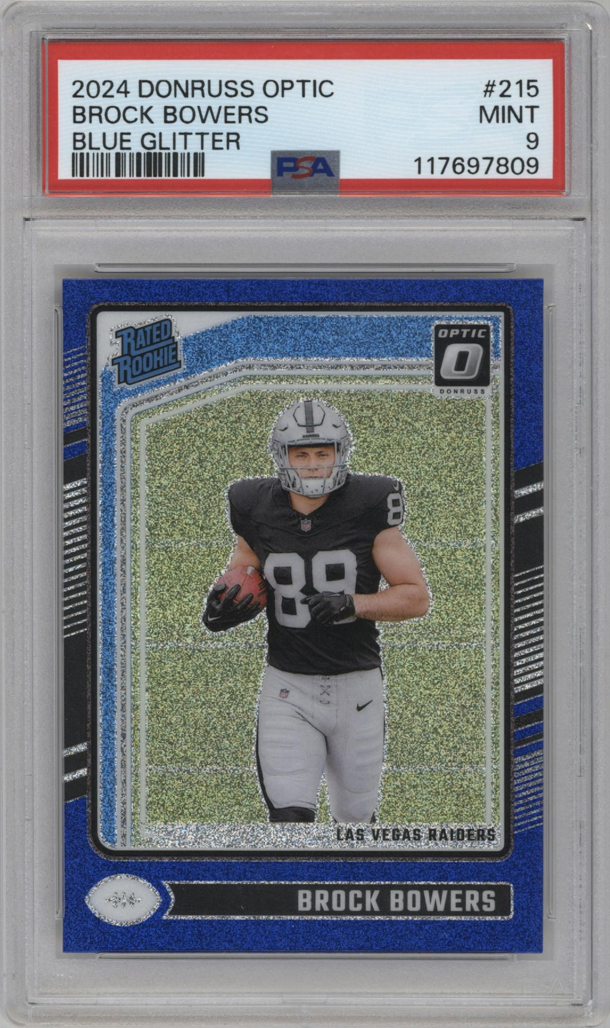 Brock Bowers from the 2024 Donruss Optic set featuring a Blue Glitter parallel graded by PSA and given an overall grade of 9.