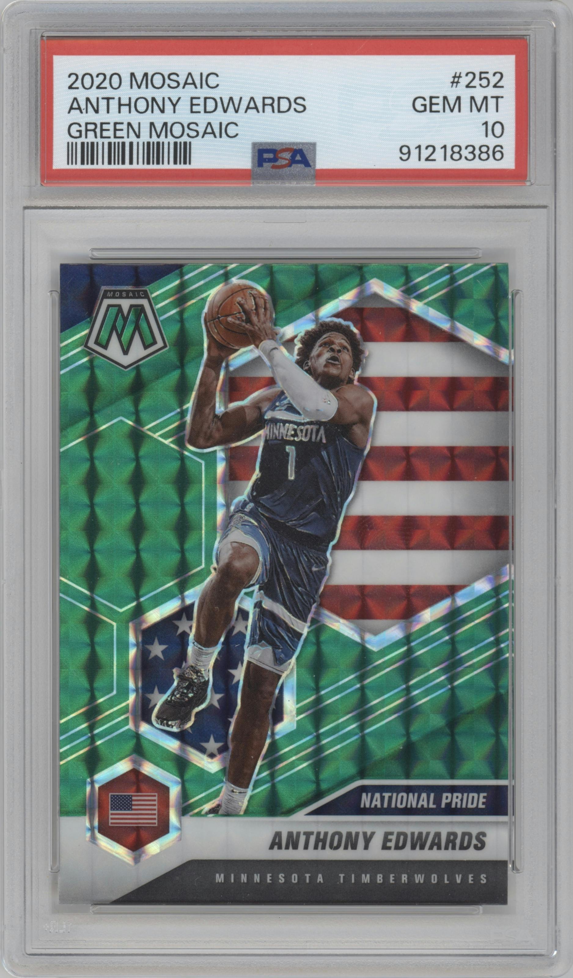 Anthony Edwards from the 2020-21 Panini Mosaic set featuring a Green Mosaic parallel graded by PSA and given an overall grade of 10.