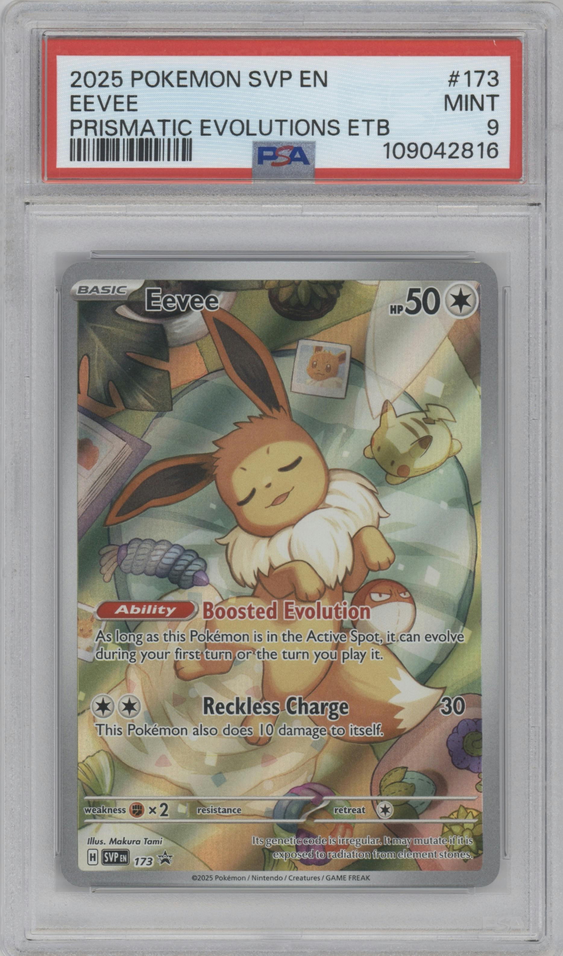 Eevee from the 2025 Pokemon SV set featuring a Prismatic Evolutions Elite Trainer Box parallel graded by PSA and given an overall grade of 9.