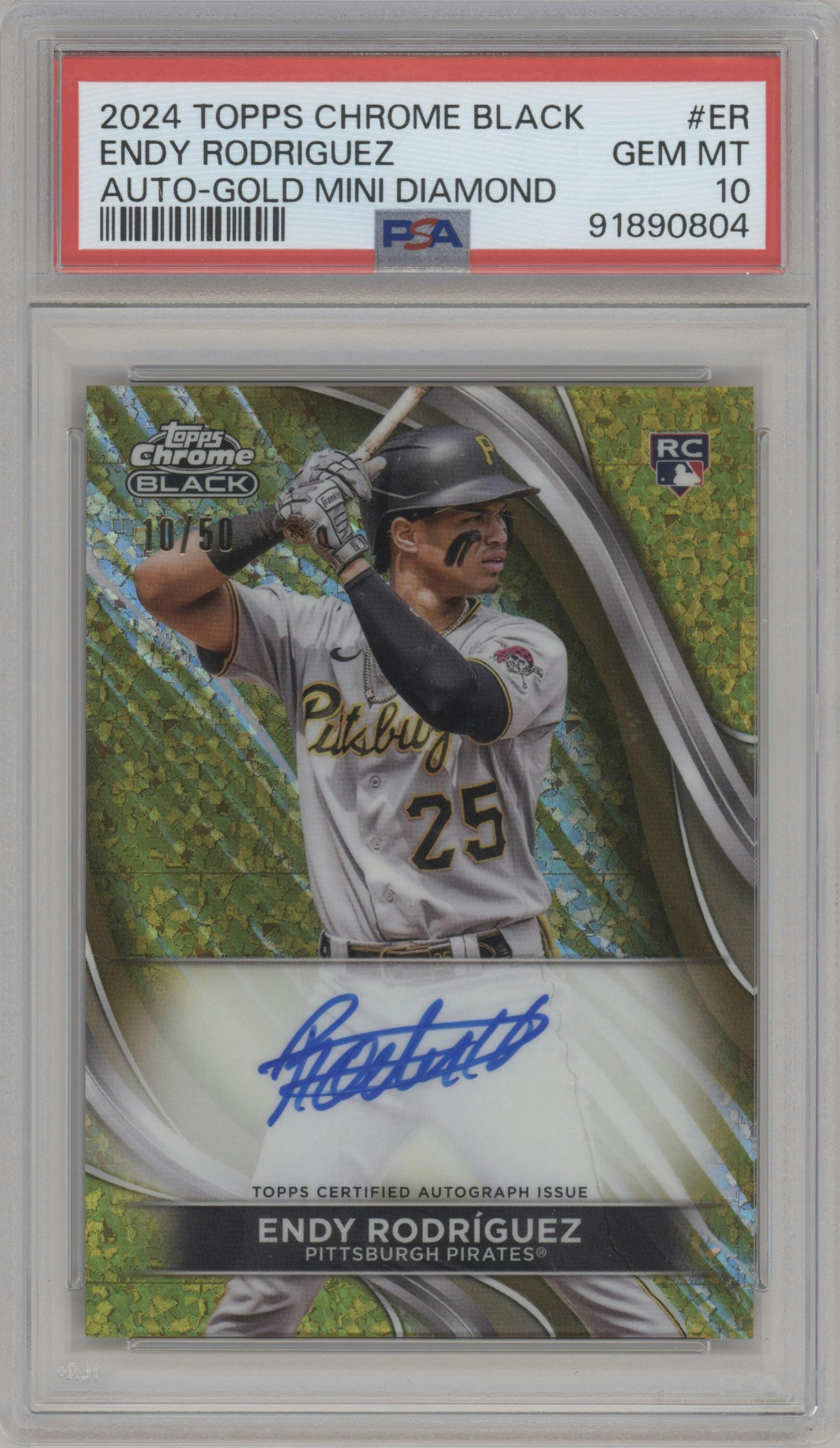 Endy Rodriguez from the  2024 Topps Chrome Black set featuring a Gold Mini-Diamond Refractor parallel graded by PSA and given an overall grade of 10.