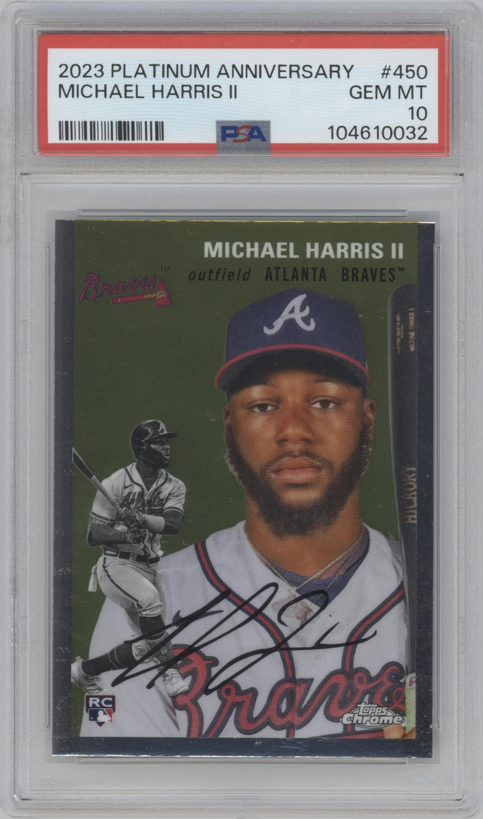 Michael Harris II from the 2023 Topps Chrome Platinum Anniversary set graded by PSA and given an overall grade of 10.