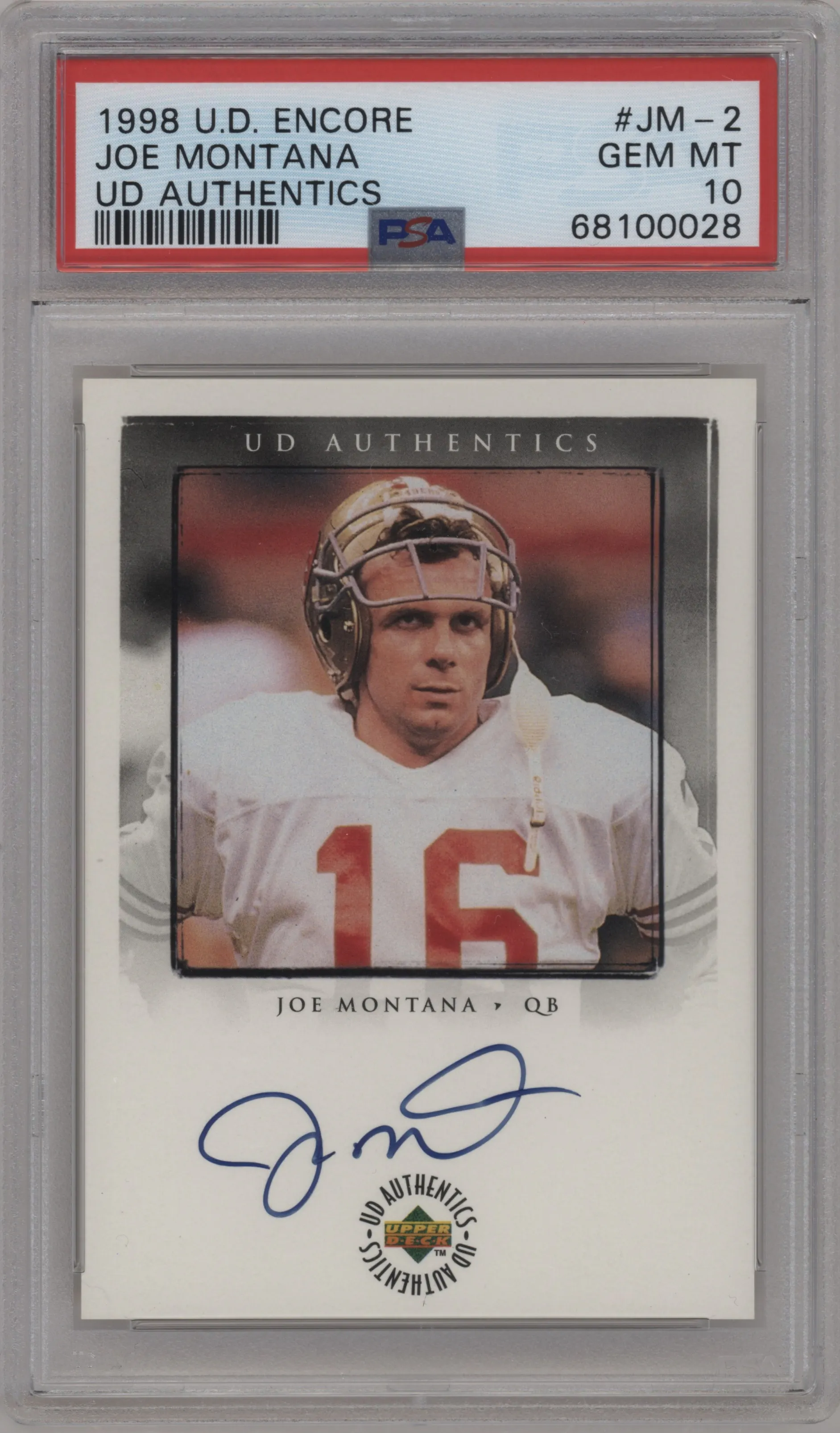 Joe Montana  from the 1998 Upper Deck Encore set graded by PSA and given an overall grade of 10.