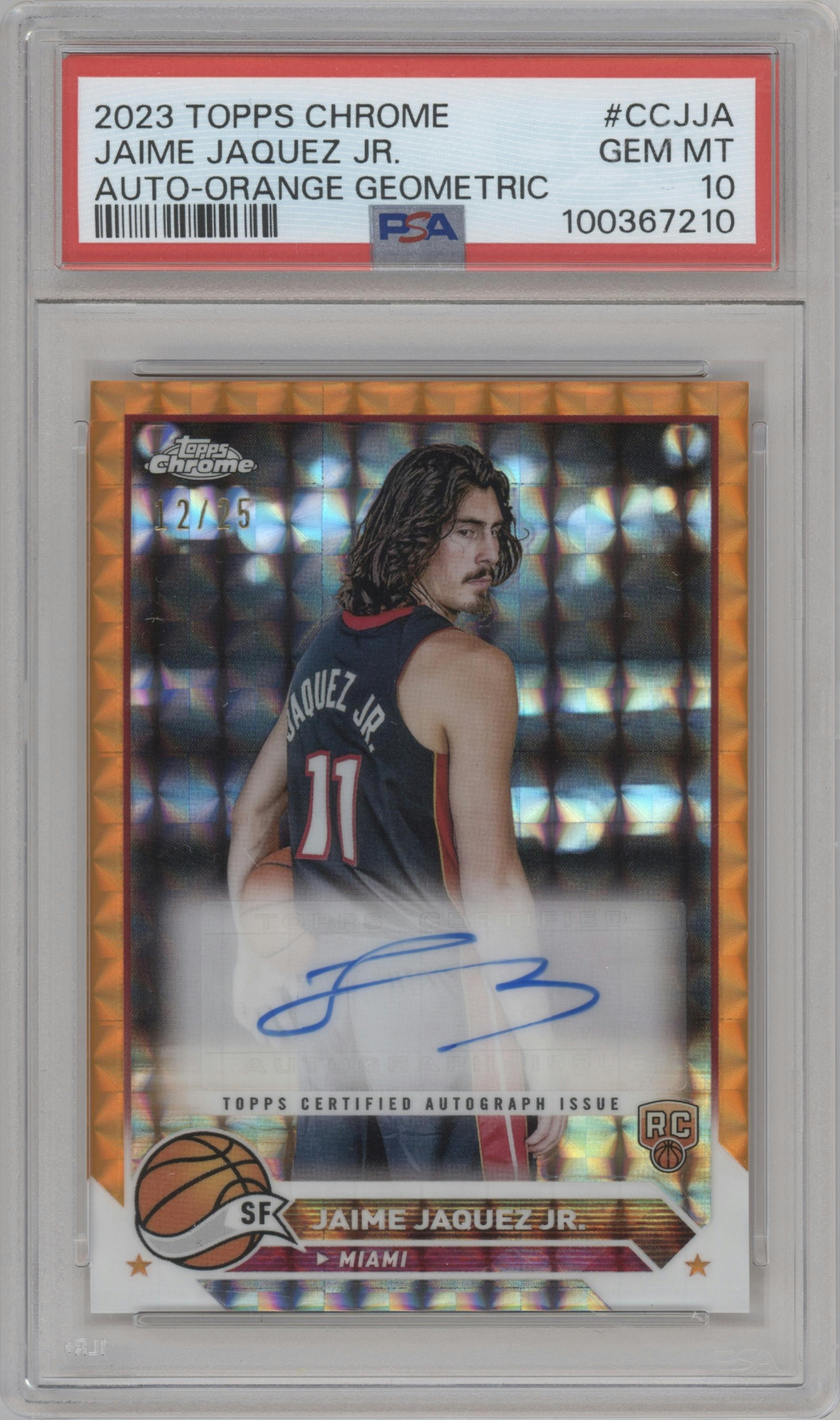 Jaime Jaquez Jr from the 2023-24 Topps Chrome set featuring a Orange Geometric Refractor parallel graded by PSA and given an overall grade of 10.