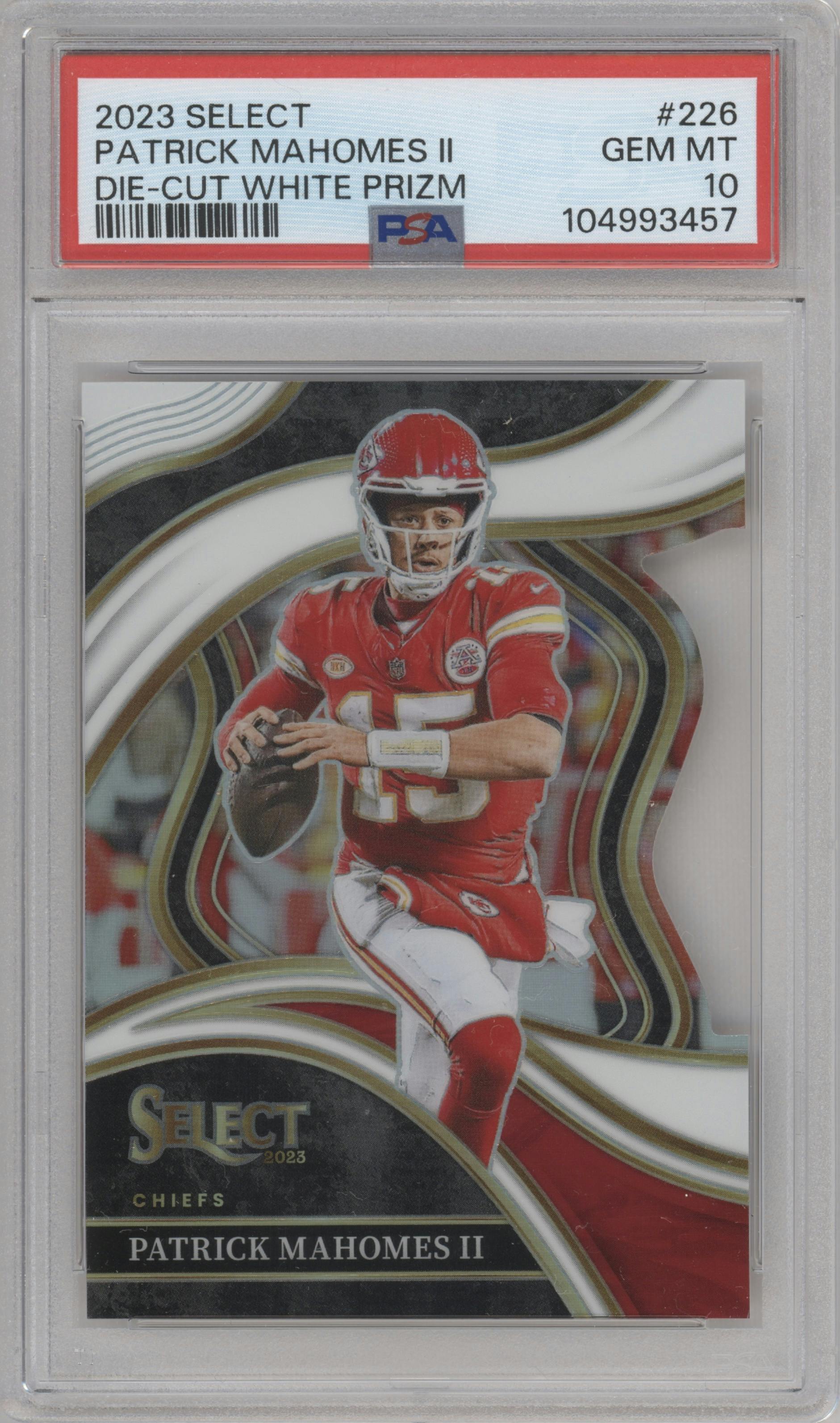 Patrick Mahomes II from the 2023 Panini Select set featuring a Die-Cut White parallel graded by PSA and given an overall grade of 10.