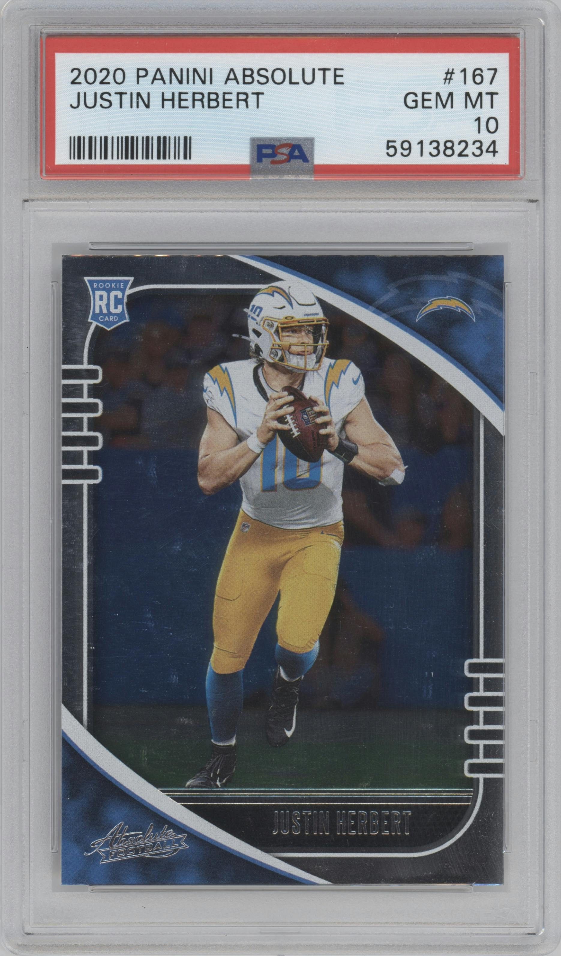 Justin Herbert  from the 2020 Panini Absolute set graded by PSA and given an overall grade of 10.