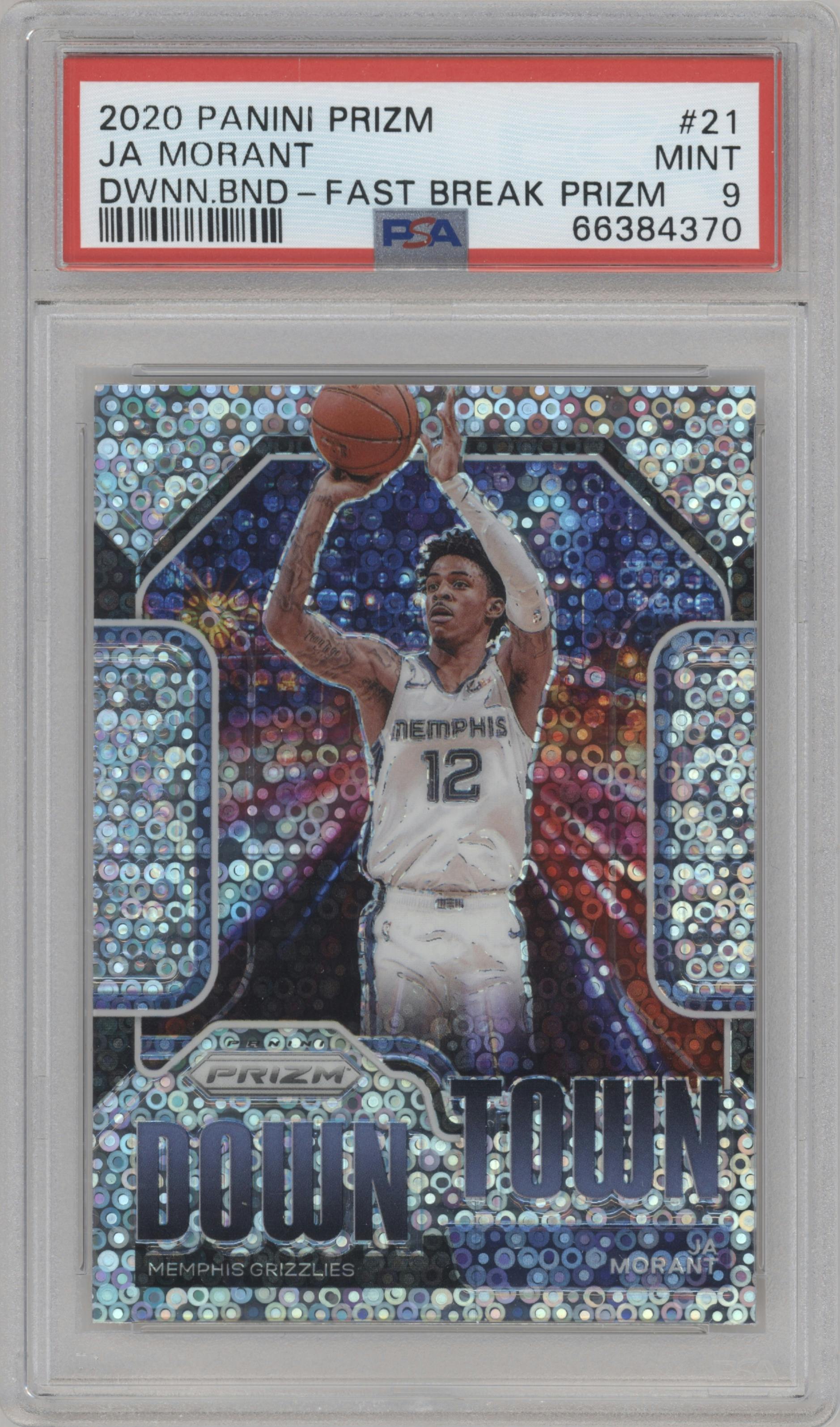 Ja Morant from the 2020-21 Panini Prizm set featuring a Fast Break parallel graded by PSA and given an overall grade of 9.