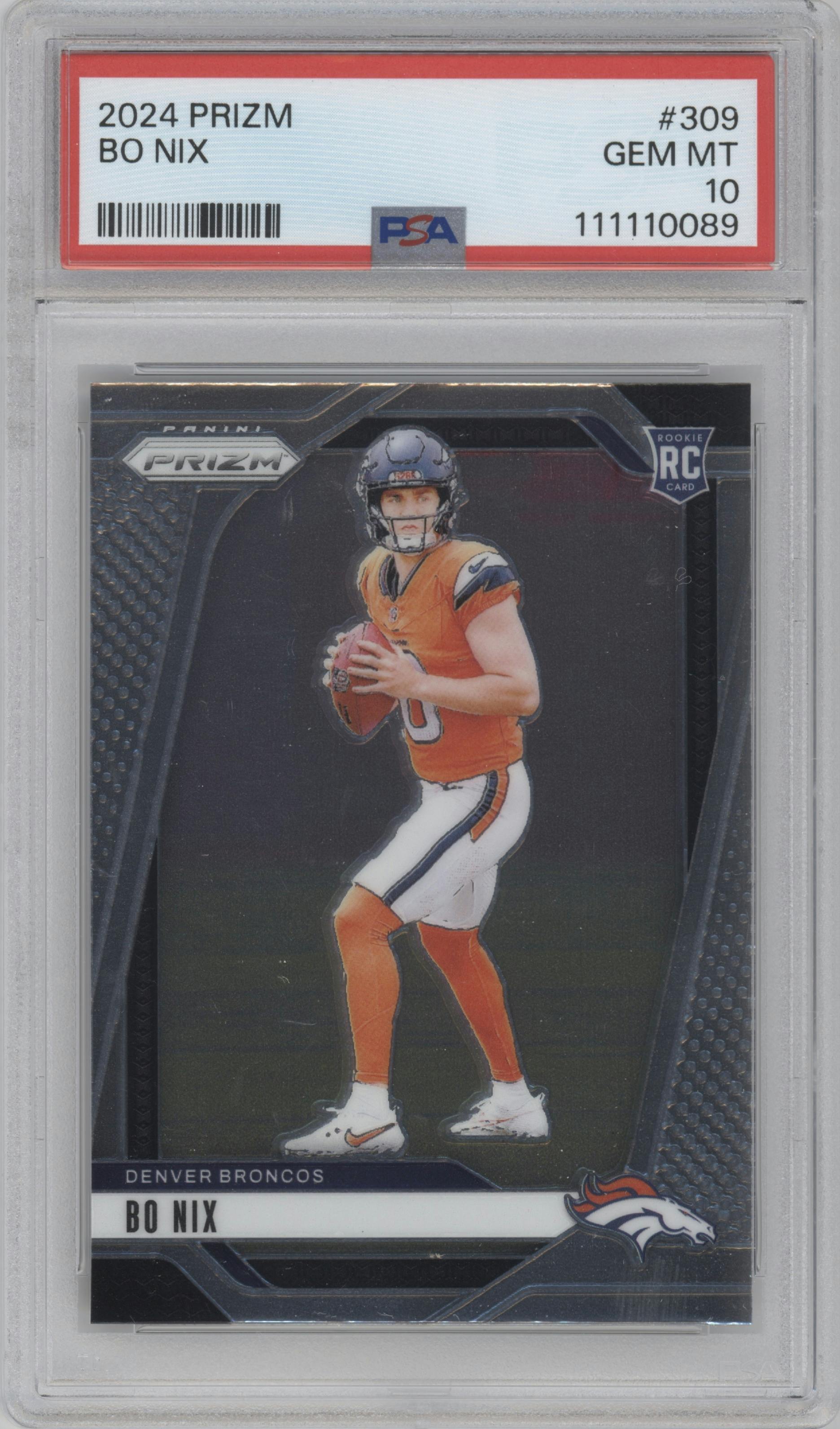 Bo Nix from the 2024 Panini Prizm set graded by PSA and given an overall grade of 10.