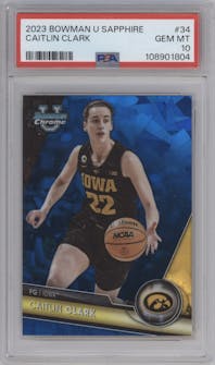 Caitlin Clark from the 2023-24 Bowman U Chrome Sapphire set graded by PSA and given an overall grade of 10.