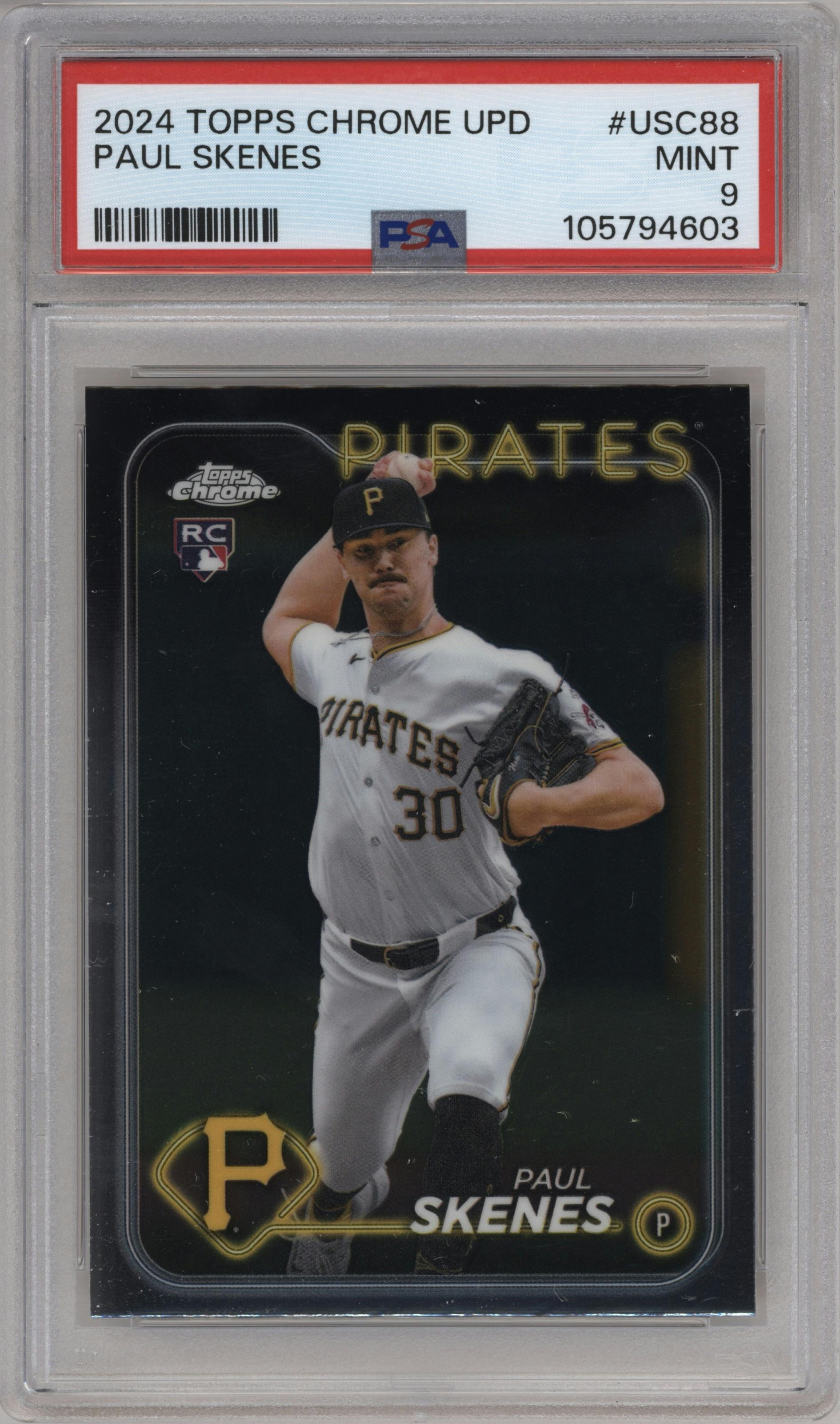 Paul Skenes from the 2024 Topps Chrome Update set graded by PSA and given an overall grade of 9.