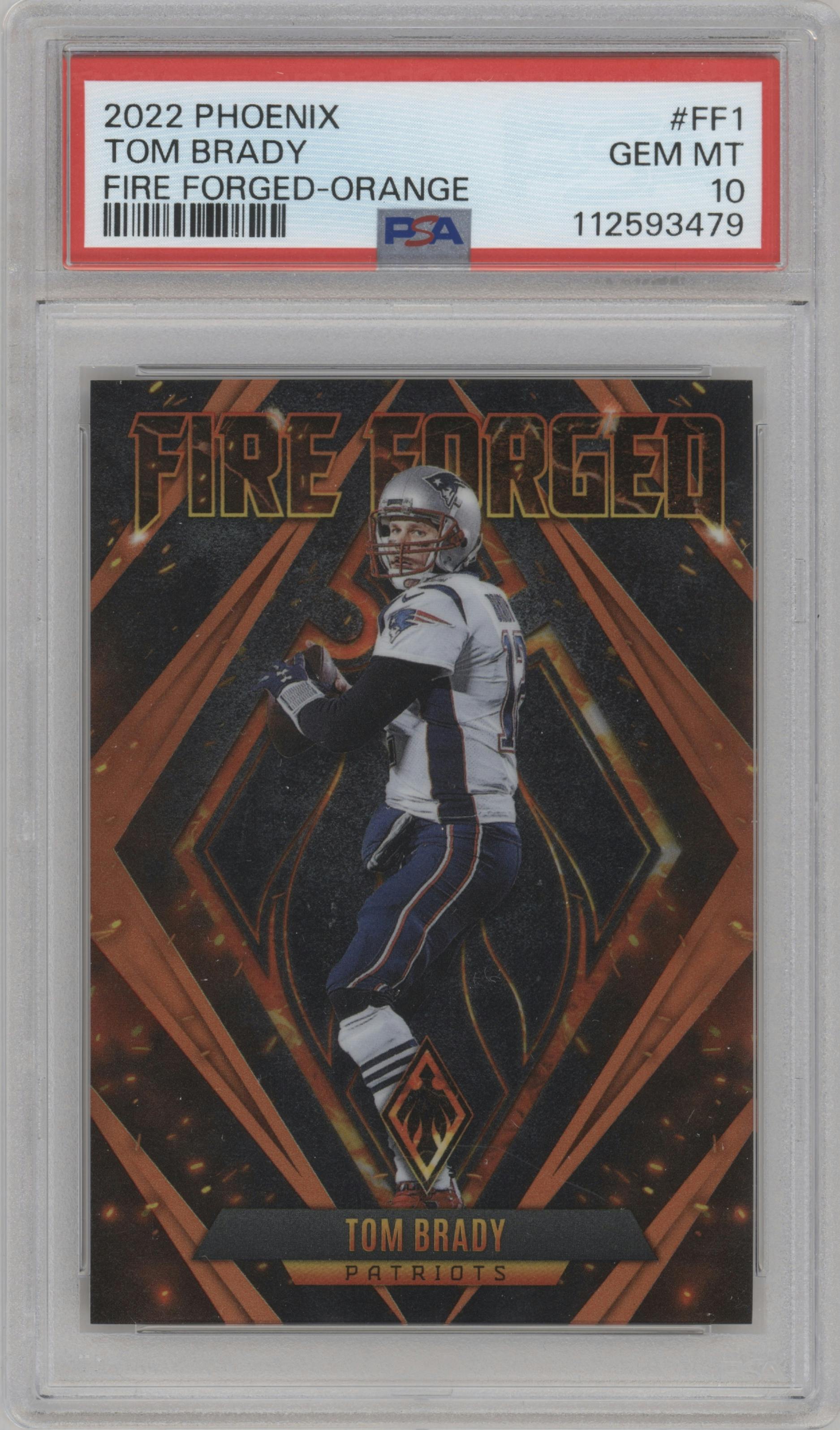 Tom Brady from the 2022 Panini Phoenix set featuring a Orange parallel graded by PSA and given an overall grade of 10.