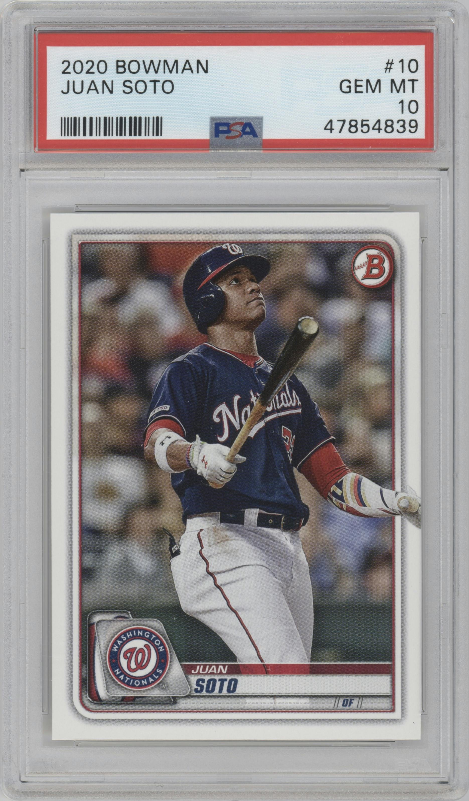 Juan Soto from the 2020 Bowman set graded by PSA and given an overall grade of 10.
