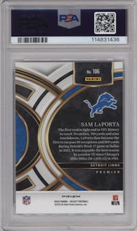 Sam LaPorta from the 2023 Panini Select set featuring a Silver Prizm parallel graded by PSA and given an overall grade of 10.