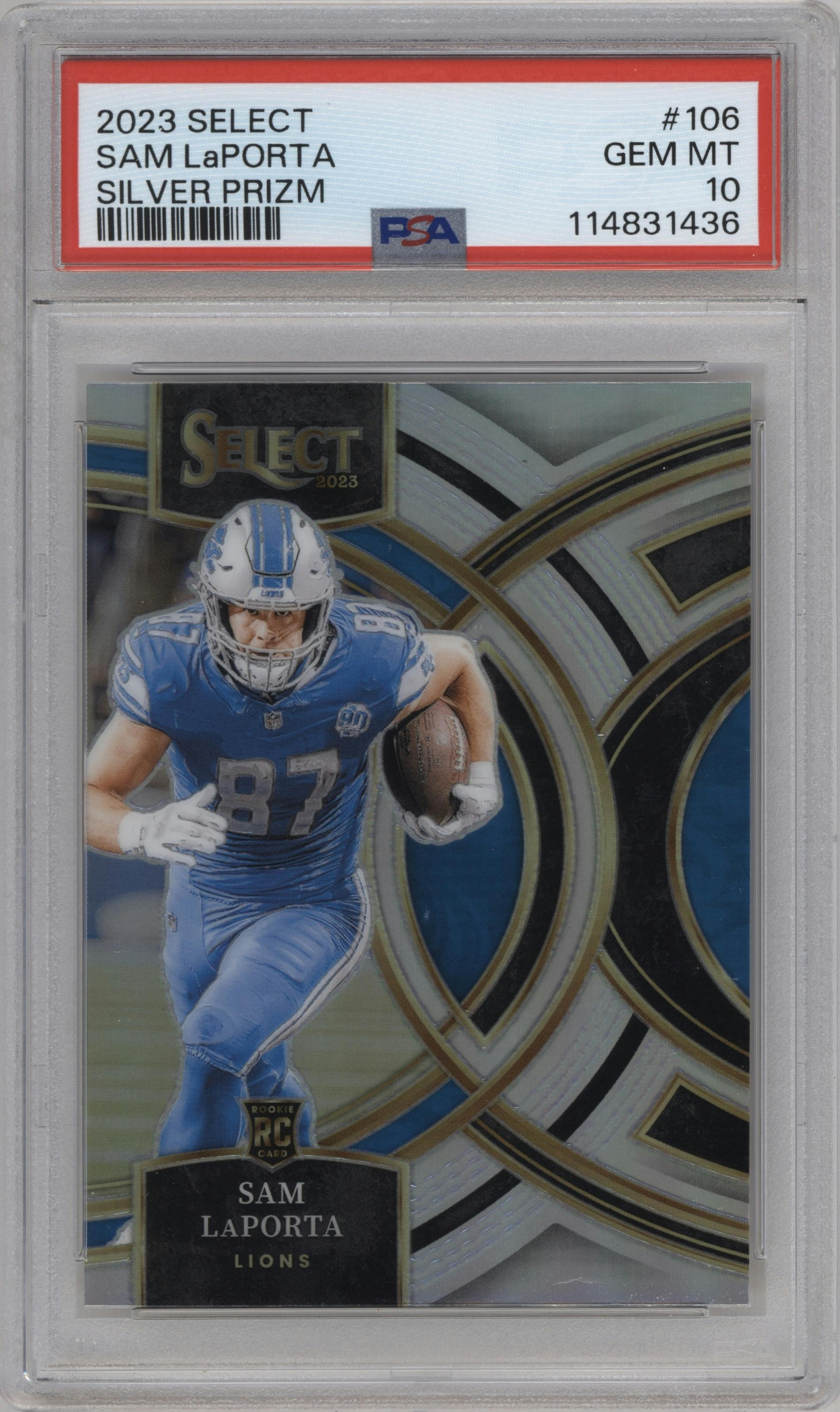 Sam LaPorta from the 2023 Panini Select set featuring a Silver Prizm parallel graded by PSA and given an overall grade of 10.