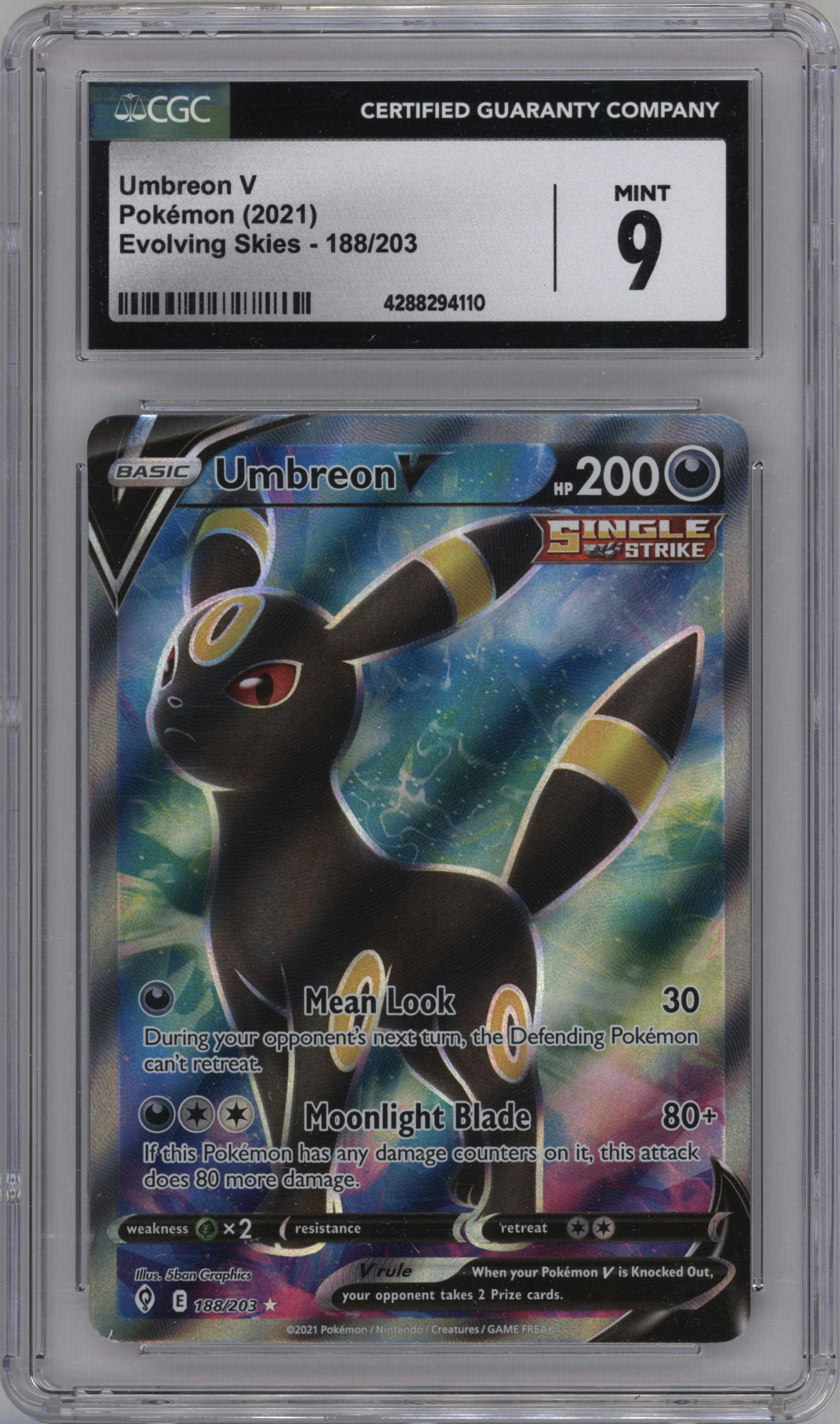 Umbreon V from the 2021 Pokemon SWSH set graded by CSG and given an overall grade of 9.