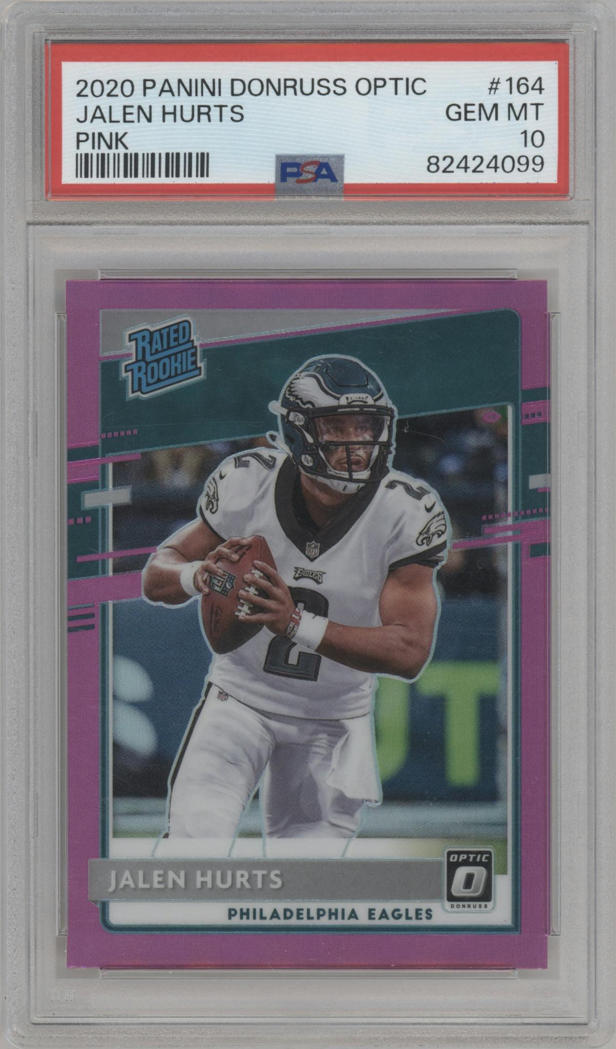 Jalen Hurts from the 2020 Panini Donruss Optic set featuring a Pink parallel graded by PSA and given an overall grade of 10.