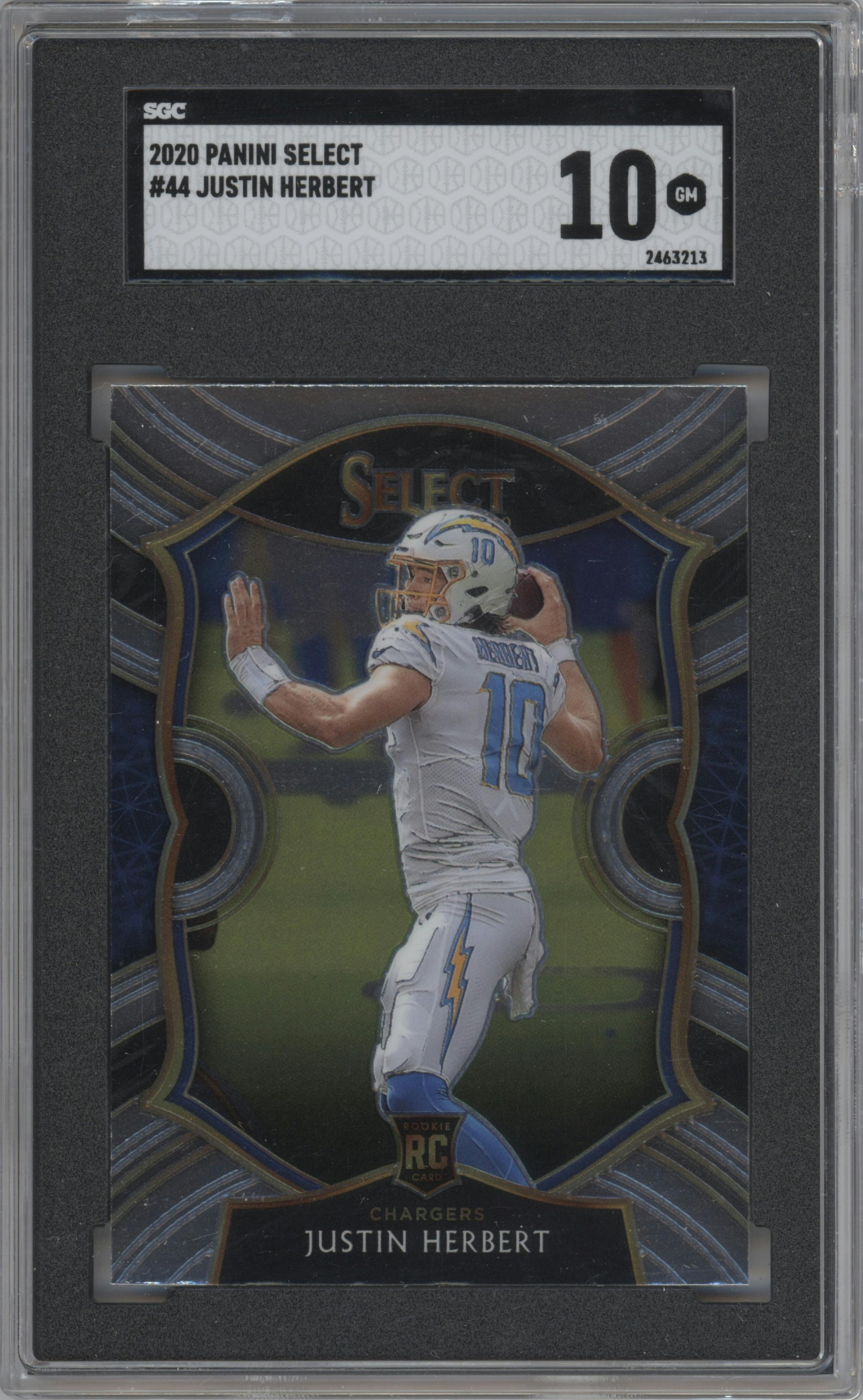 Justin Herbert from the 2020 Panini Select set graded by SGC and given an overall grade of 10.